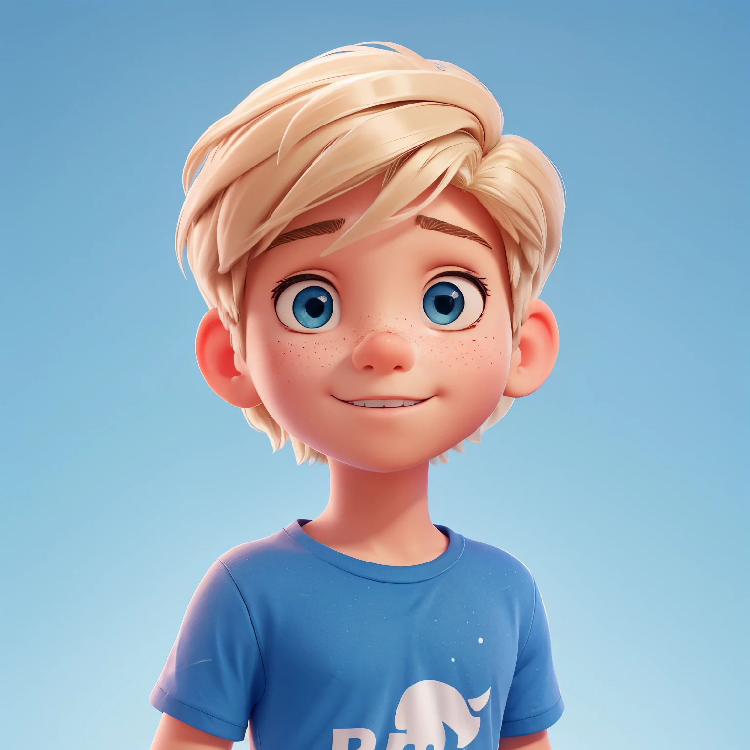 there is a boy with short blond hair, blue eyes, and freckles, wearing a plain blue t-shirt under white gradient background , portrait shot 8 k, shot on canon eos r5, shot on canon eos r 5, shot on nikon z9, taken with sony alpha 9, with accurate face, edited in photoshop, shot with sony alpha, taken with canon 5d mk4, captured on canon eos r 6