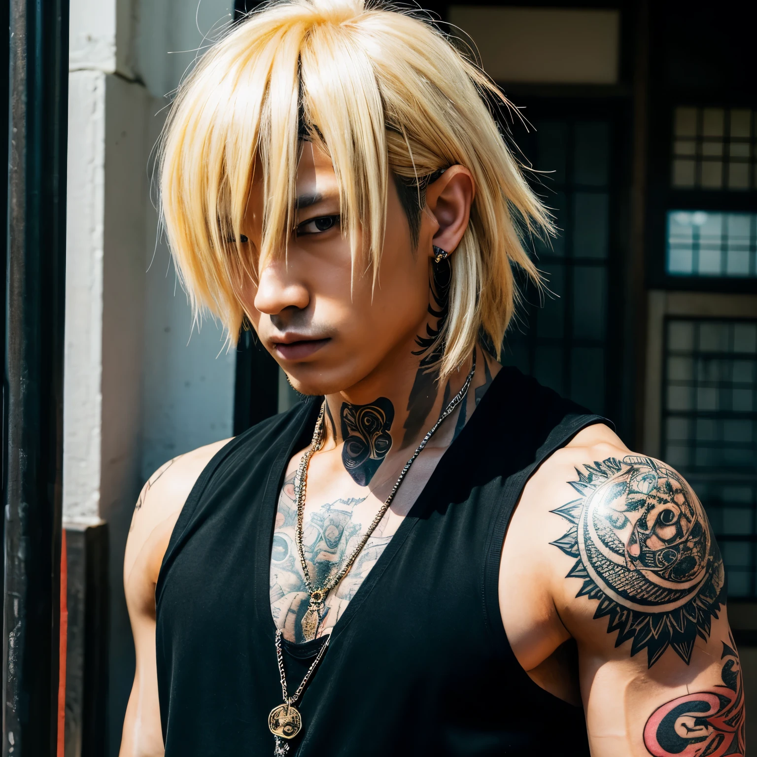 1 man, Japanese man, male, Asian eyes, muscular, broad shoulders, yakuza tattoos, hairstyle Visual Kei style, hair Visual Kei, black men's shirt and black pants, ultra detailed face, hyperrealistic, realistic representation, long hair, long hair, 30 years old, age 30 years, blond, blonde hair