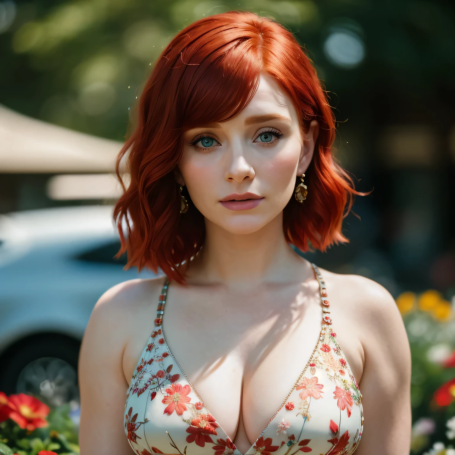 (masterpiece), (extremely intricate:1.3),(realistic), bryce dallas howard, ((short chanel), red hair, portrait of a woman, the most beautiful in the world, (floral dressr), outdoors, intense sunlight, flower shop, professional photograph of a stunning woman detailed, sharp focus, dramatic, award winning, cinematic lighting, octane render, unreal engine, volumetrics dtx, (film grain, bokeh, blurry foreground, blurry background), crest on chest
