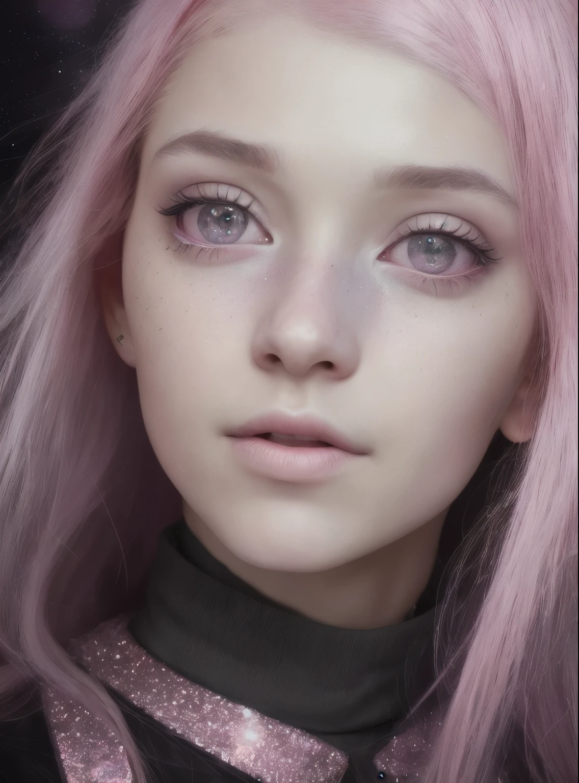 a close up of a woman with pink hair and glitter on her face, soft portrait shot 8 k, highly detailed vfx portrait, highly detailed vfx portrait of, artem demura beeple, 8k portrait render, hyperrealism. fantasy 4k, cgsociety 8k, cgsociety 8 k, cgsociety 8k, beautiful pink little alien girl