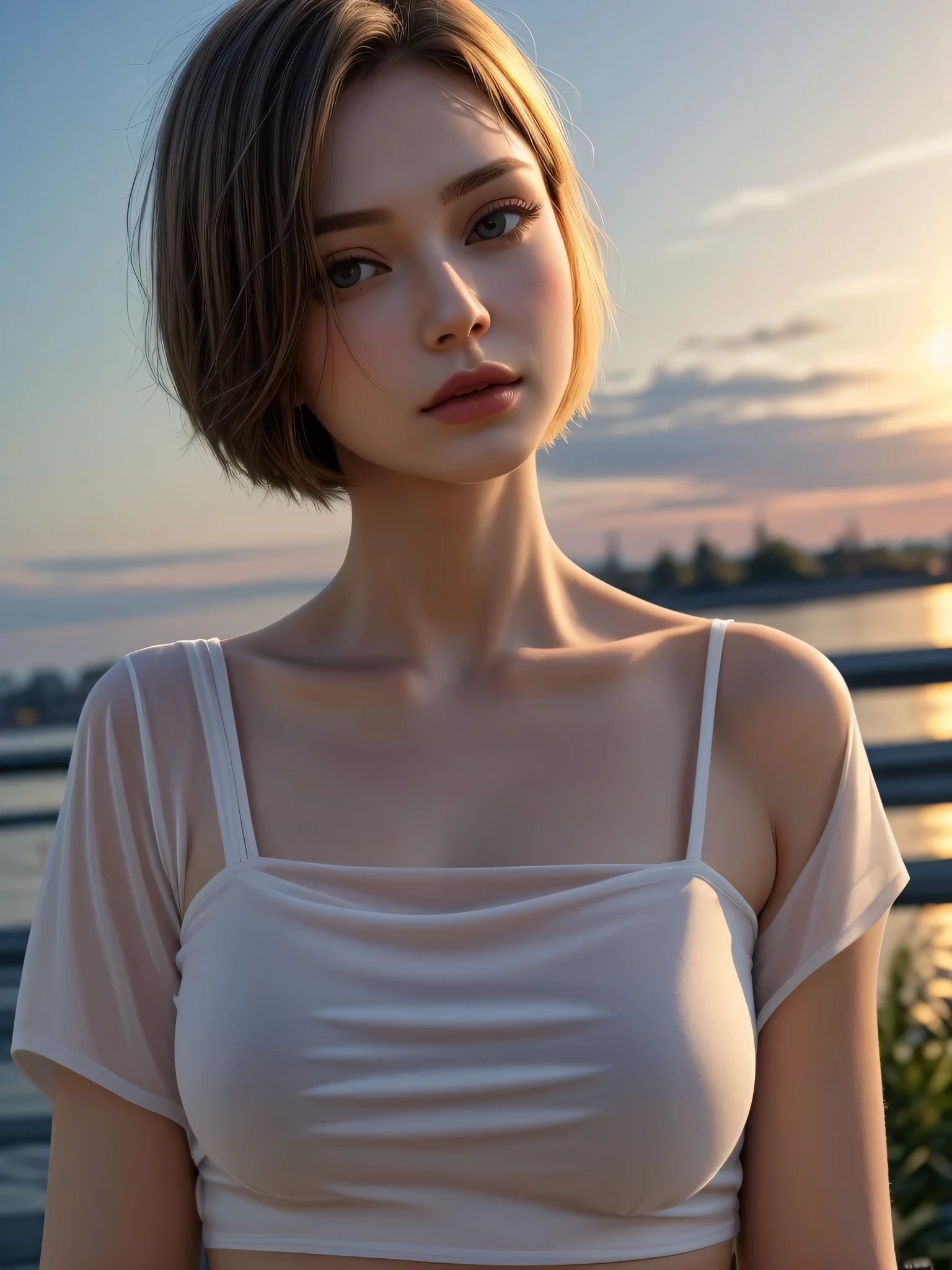 (Masterpiece, best quality, photorealistic : 1.2), close-up shot, sharp focus, 1 gorgeous young short-haired pretty girl, bowl bob haircut, wet skin, wet hair, slim body shape, cleavage, perfect body proportions, lip gloss, delicate beautiful face, worry face expression, (wearing ((wet white t-shirt)), pendant), outdoor, storm cloud, ((heavy rain)), raining, sidewalk.