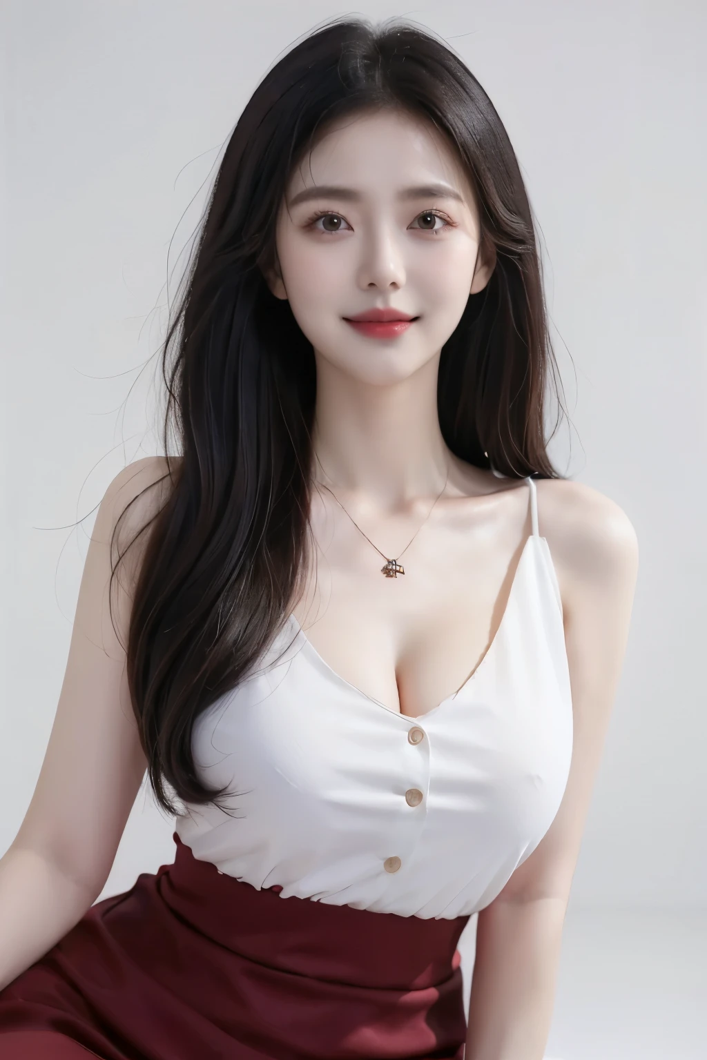 lifelike,High resolution：1.3）， A slim girl， The face shape and eyes are super delicate,black hair,red glossy lips, (best quality), (super detailed), (Extremely detailed CG unified 8K wallpaper),(White background),(A little cleavage),sexy look,big eyes,(permanent),Eyes look at the audience,Teardrop-shaped breasts,Soft breasts,very realistic breasts,Character centered,Wear a pendant, white button shirt,black skirt,