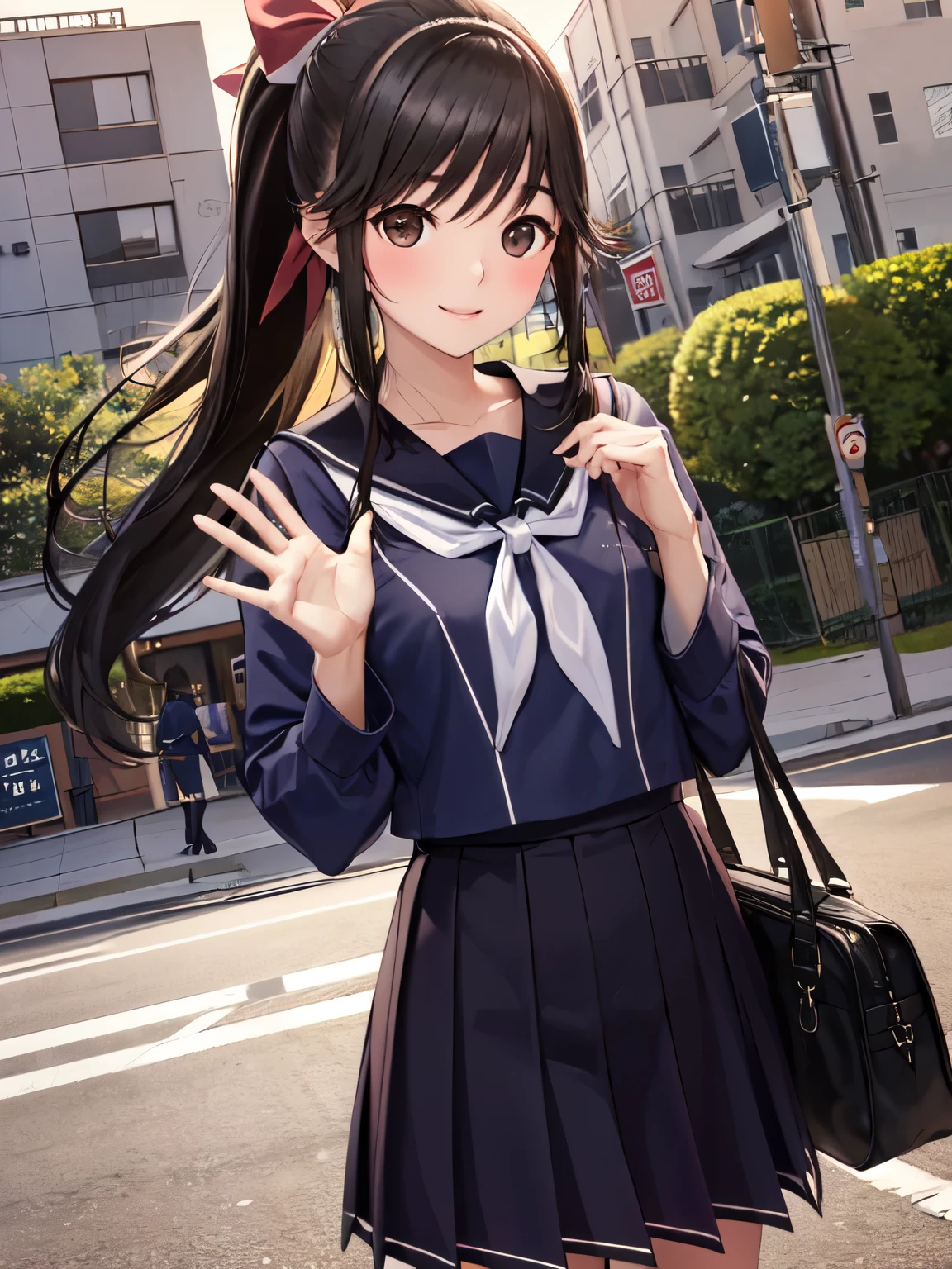 Super Detailed Game CG, (High resolution:1.1),(absurd:1.1), anime, evening、sunset、school gate、telephone pole、street tree, pretty girl, 1 girl, takane manaka, small breasts, black hair ponytail, redヘアリボン,Long-sleeved navy sailor suit, bangs, wind effect, reflection effect, smile gently、smile、beauty in return、Reddish cheeks、優しいsmile、 beautiful perfect face, droopy eyes、view audience、With a wave of hands、trot、carry one black school bag、after school、sunsetの空、red