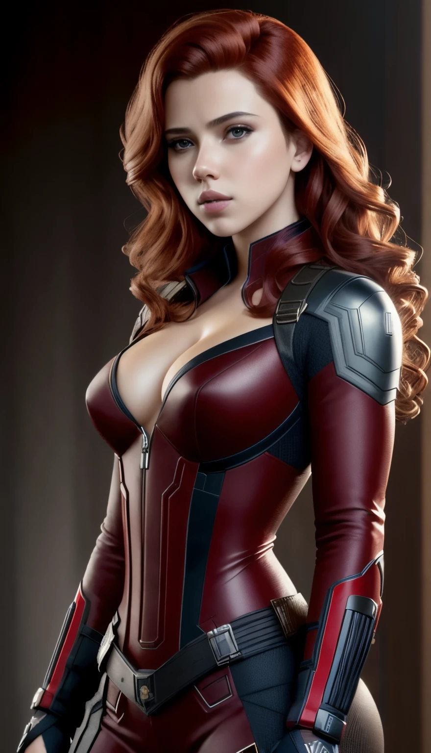 (masterpiece), (best quality), (photorealistic:1.3), 8k, detailed skin texture, detailed cloth texture, beautiful detailed face, intricate details, ultra detailed, scarlett johansson, Black Widow in the style of the Captain America, straight red hair, (full-length body:1.2)