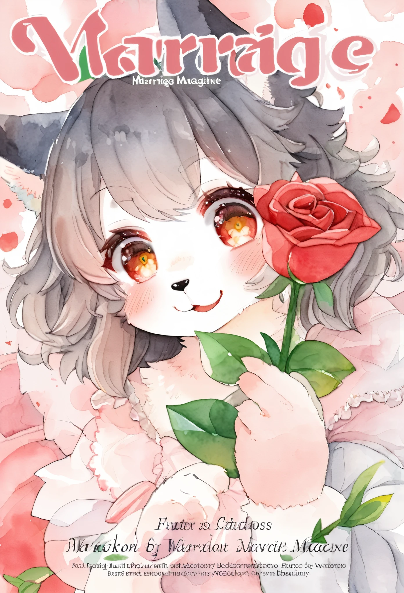 cover page, marriage information magazine, Watercolor elements, 1girl, kemono, furry, detailed body fur, animal face, animal hand, cute girl holding a red rose and looking at viewer,