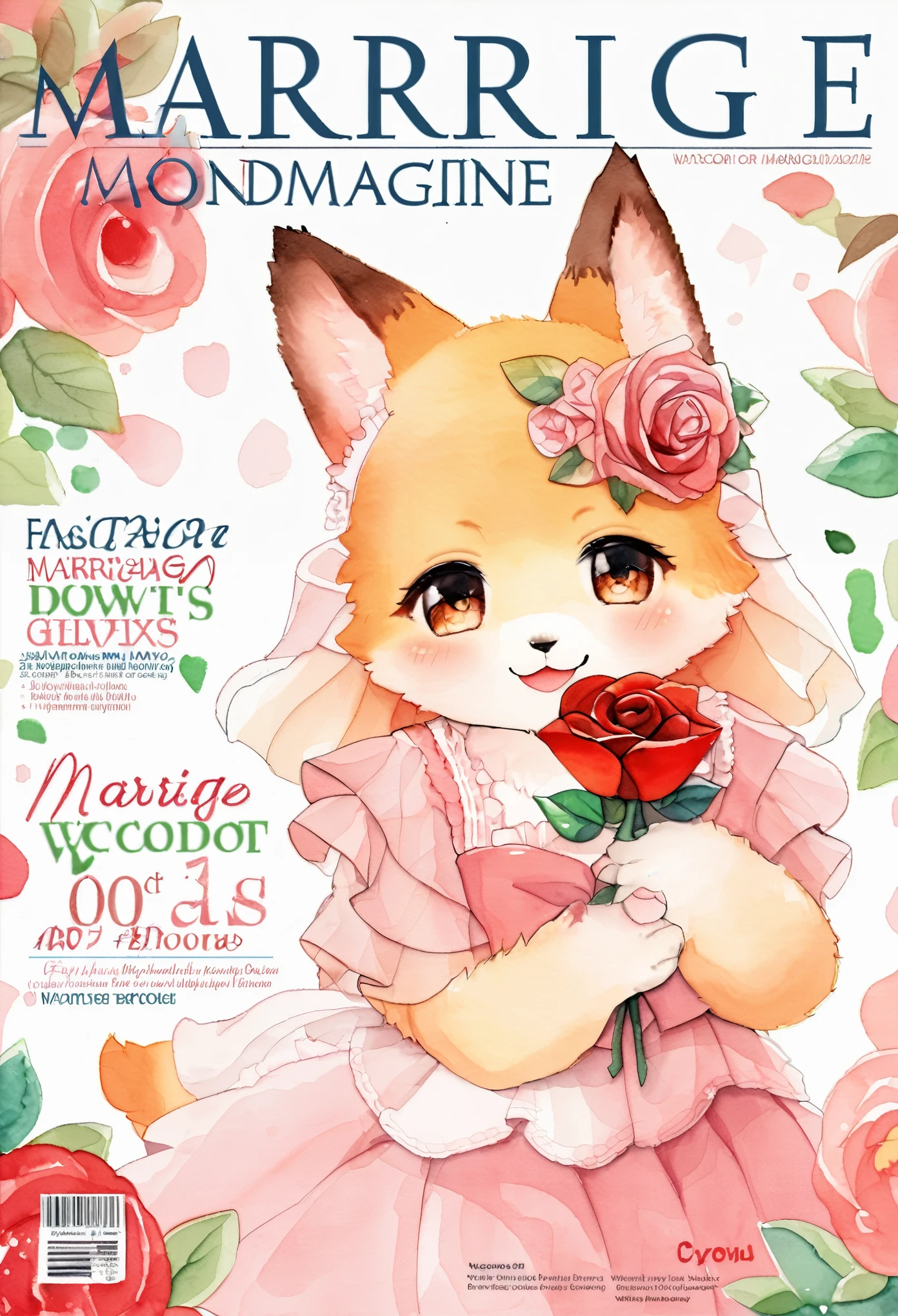 cover page, marriage information magazine, Watercolor elements, 1girl, kemono, furry, detailed body fur, animal face, animal hand, cute girl holding a red rose and looking at viewer,
