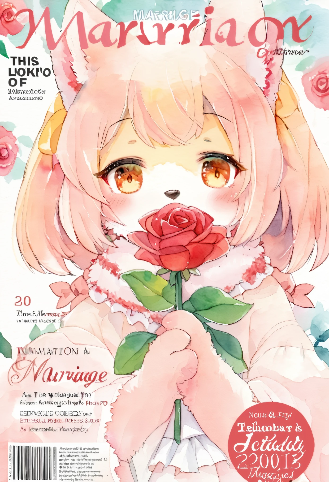 cover page, marriage information magazine, Watercolor elements, 1girl, kemono, furry, detailed body fur, animal face, animal hand, cute girl holding a red rose and looking at viewer,