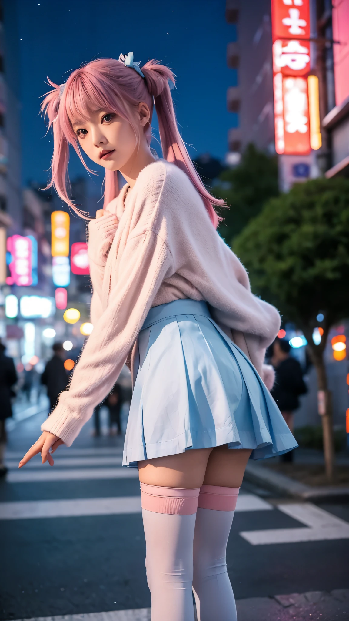 KokoaAisu, 1girl, blue skirt, blurry, blurry background, blurry foreground,   day, depth of field, photo background, thighhighs, town, tree, zettai ryouiki, short twintails, pink hair, tokyo \(city\), japan, shop, night, night sky, 
masterpiece, best quality, digital art, intricate detail,  