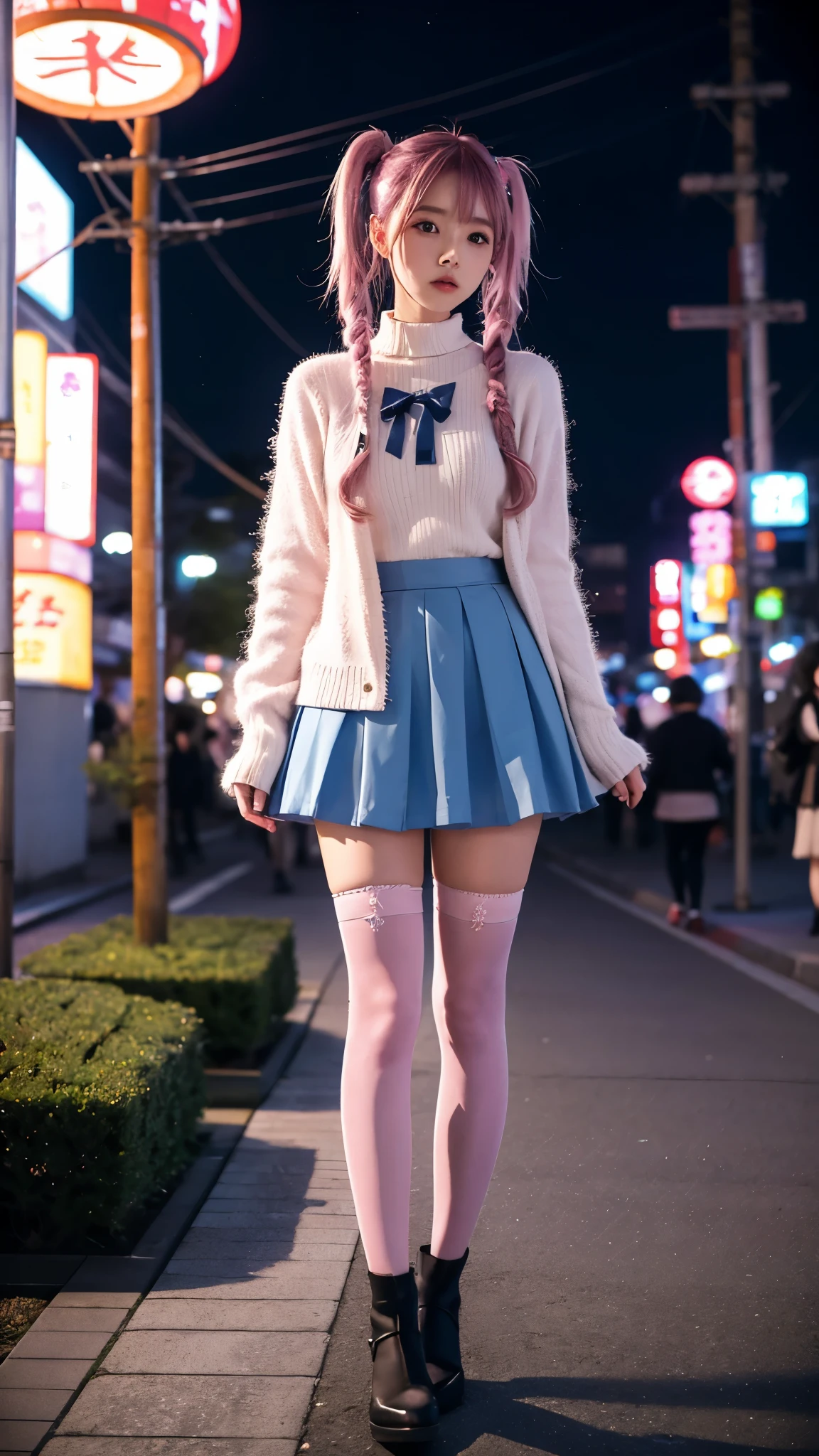 KokoaAisu, 1girl, blue skirt, blurry, blurry background, blurry foreground,   day, depth of field, photo background, thighhighs, town, tree, zettai ryouiki, short twintails, pink hair, tokyo \(city\), japan, shop, night, night sky, 
masterpiece, best quality, digital art, intricate detail,  