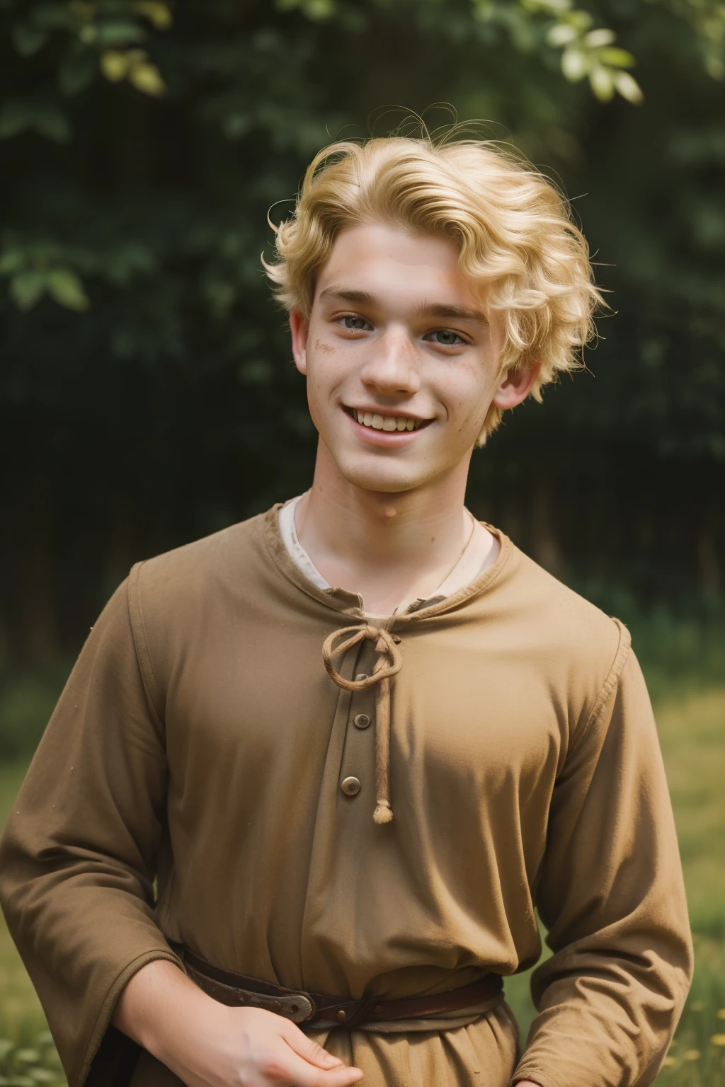 England, 1361. A young ((((21-year-old)) David)), strong, rustic, freckles all over his face, in front of a bush culture, ((happy and proud expression)). ((((clothings from the 1360s)))), ((blond hairstyle of the 1360s))