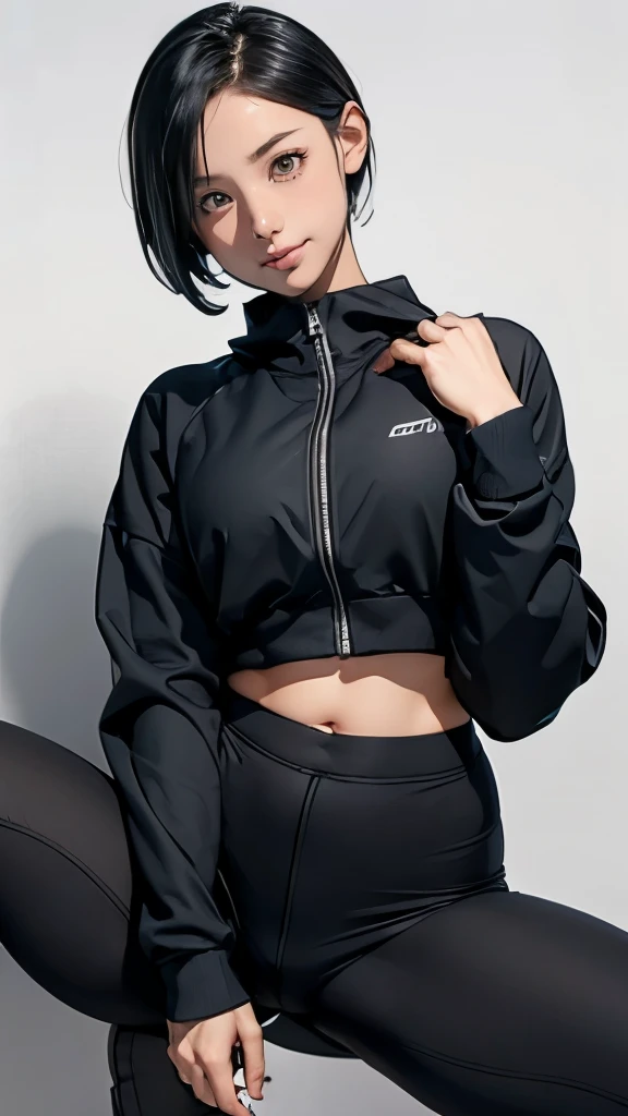 girl、A beautiful girl wearing a gray front zipper sweatshirt over a sports bra and sports pants looks at me and smiles.、Idol-class cuteness、boyish、baby face、black hair undercut short hair、accurately drawn face、slender、bellybutton、healthy thighs、wet skin、Smaller sports bra、black low rise sports pants、Wear the gray front zipper sweatshirt with the front open.、Spread your legs and stand tall、At the stadium、anatomically correct、precise fingers、exact limbs、