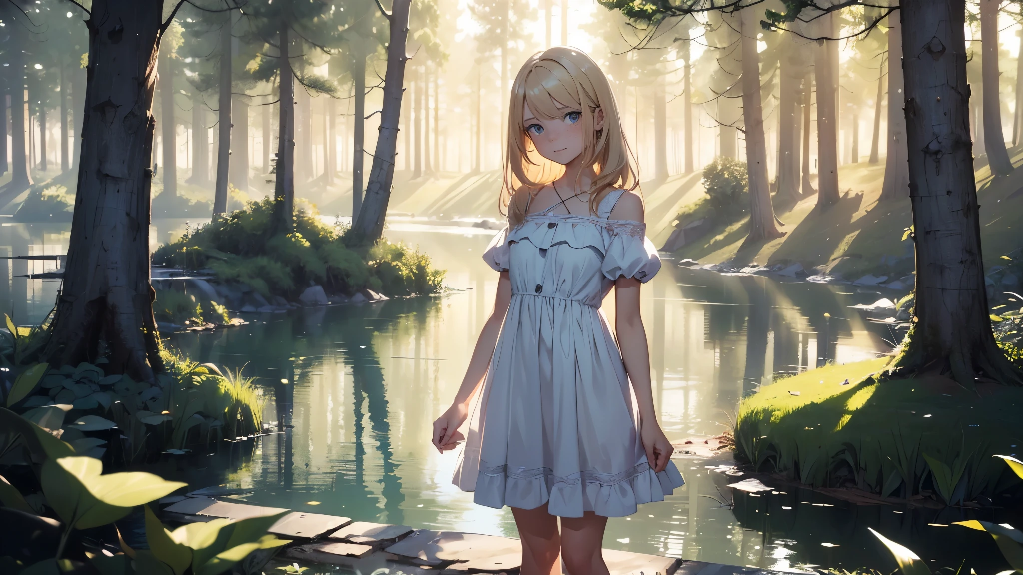 ((masterpiece,best quality,ultra detailed,ultra high res, artificial lake, forest in the distance)), soft realistic focus, dynamic shadows, realistic image, vibrant colors,light leaks,dreamy atmosphere,chiaroscuro,BREAK
experimental charm, The girl is depicted in full growth, girl 10 years old, thin and tall, you see the girl from head to toe, nostalgic appeal, country girlfriend, she take you with yourself, simple open short dress, soft mischievous smile, freckles, blonde hair, slightly leaning forward, flashback of memories, blonde, holding your hand