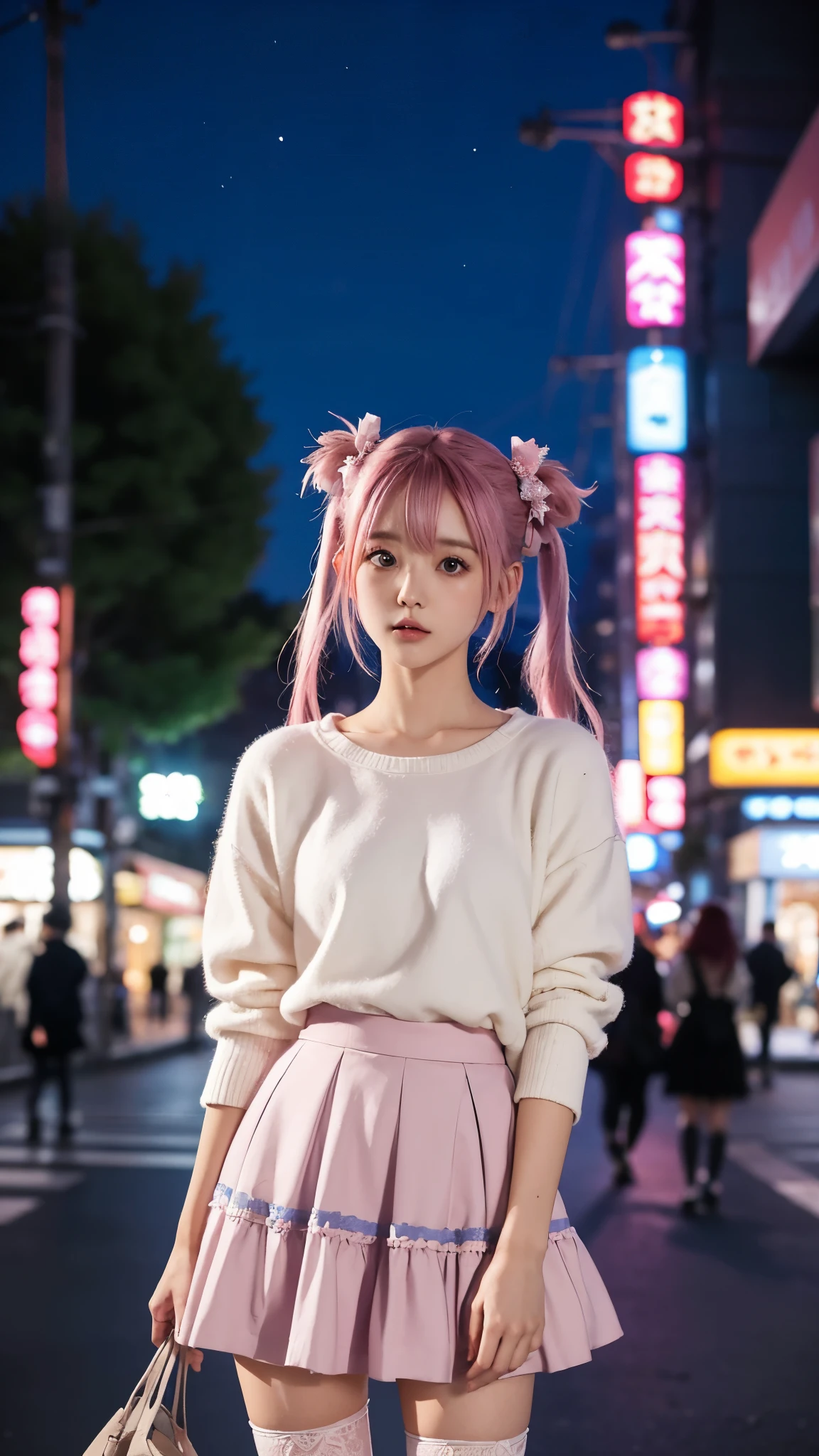 KokoaAisu, 1girl, blue skirt, blurry, blurry background, blurry foreground, day, depth of field, photo background, thighhighs, town, tree, zettai ryouiki, short twintails, pink hair, tokyo \(city\), japan, shop, night, night sky,
masterpiece, best quality, digital art, intricate detail,