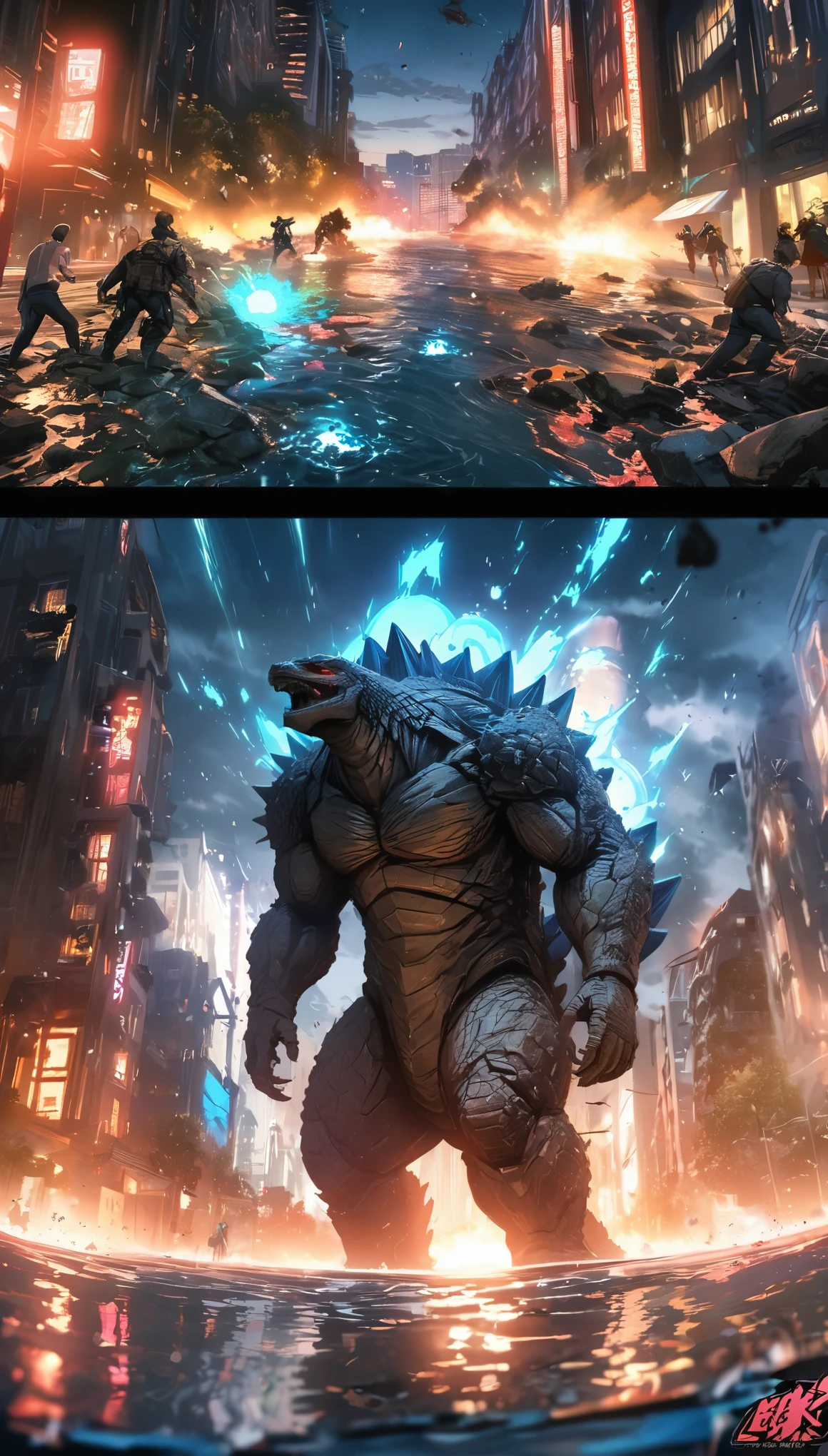 Flat coating，Vector illustration，Rich details，Angry super giant Godzilla in the city looking down at the city below，（（（The dorsal fin is filled with blue energy））），（（glow effect）），Huge waves hit the city，explode，Red light soars into the sky，Broken and collapsed building，standing water，stone，exposed steel bars，electric spark，shoulder level view，colorful，Rescue helicopters，depth of field，Movie lighting，Super fine