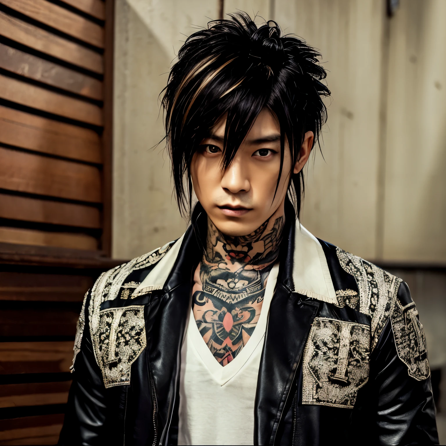 1 man, Japanese man, male, Asian eyes, muscular, broad shoulders, yakuza tattoos, hairstyle Visual Kei style, hair Visual Kei, black men's shirt and black pants, ultra detailed face, hyperrealistic, realistic representation, long hair, long hair, 30 years old, age 30 years, blond, blonde hair