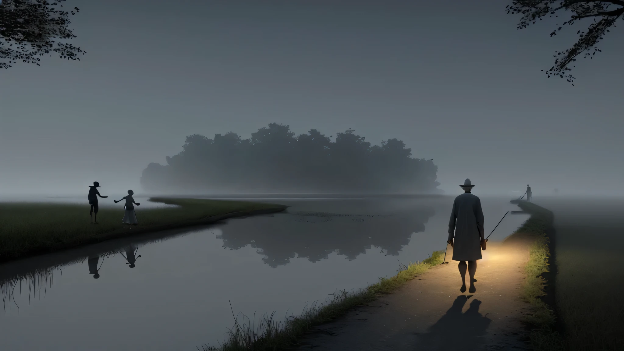 old man walking on road, village, middle of night, pond beside road, boat, two children playing on boat, drakness, foggy, horror, scary, 3d