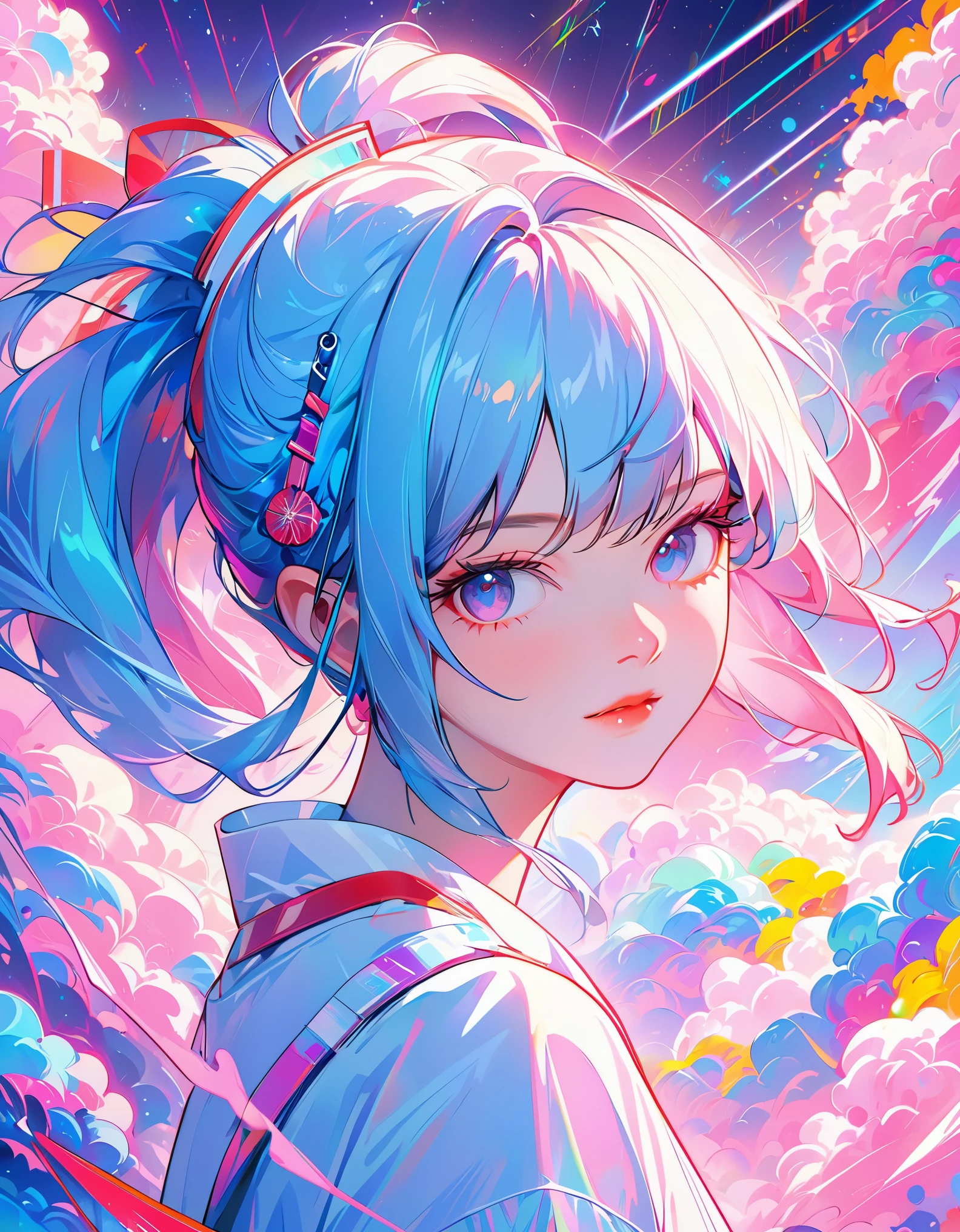 Close-up of person wearing headband, The art of math inspired by Yanjun Cheng, Douban, The art of math, Vibrant fan art, Lofi portrait, guweiz style artwork, new vapor wave, colorful numbers, Internet aesthetics, kpop idol portrait, yanjun chengt, Digital anime illustration, NFT portrait, Digital Cyberpunk Animation Art.