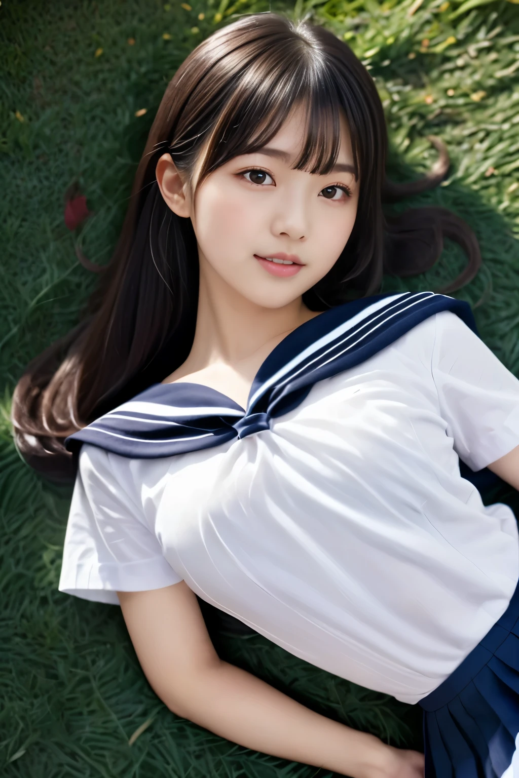 (masterpiece, highest quality:1.2), nsfw, 1 Japanese person , 20-year-old、 cute、Idol style, (white shirt, sailor , navy pleated skirt:1.2) ,(lie on your back on the sheets:1.4), ((on the grass in the park)), black hair,   embarrassed, embarrassing,8K, super realistic images,　