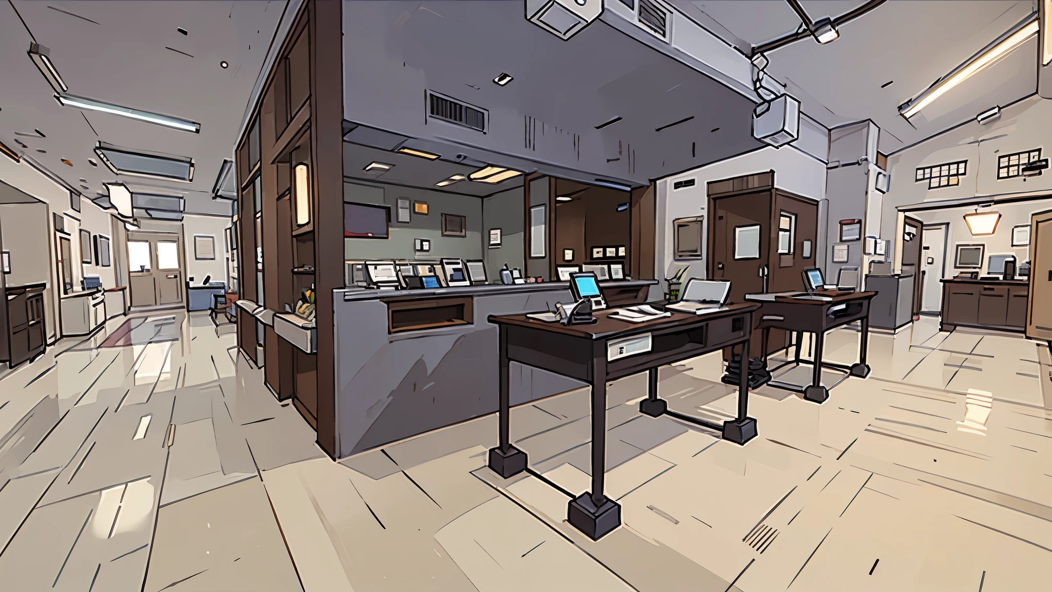 visual novel background, hospital interior, hospital front desk