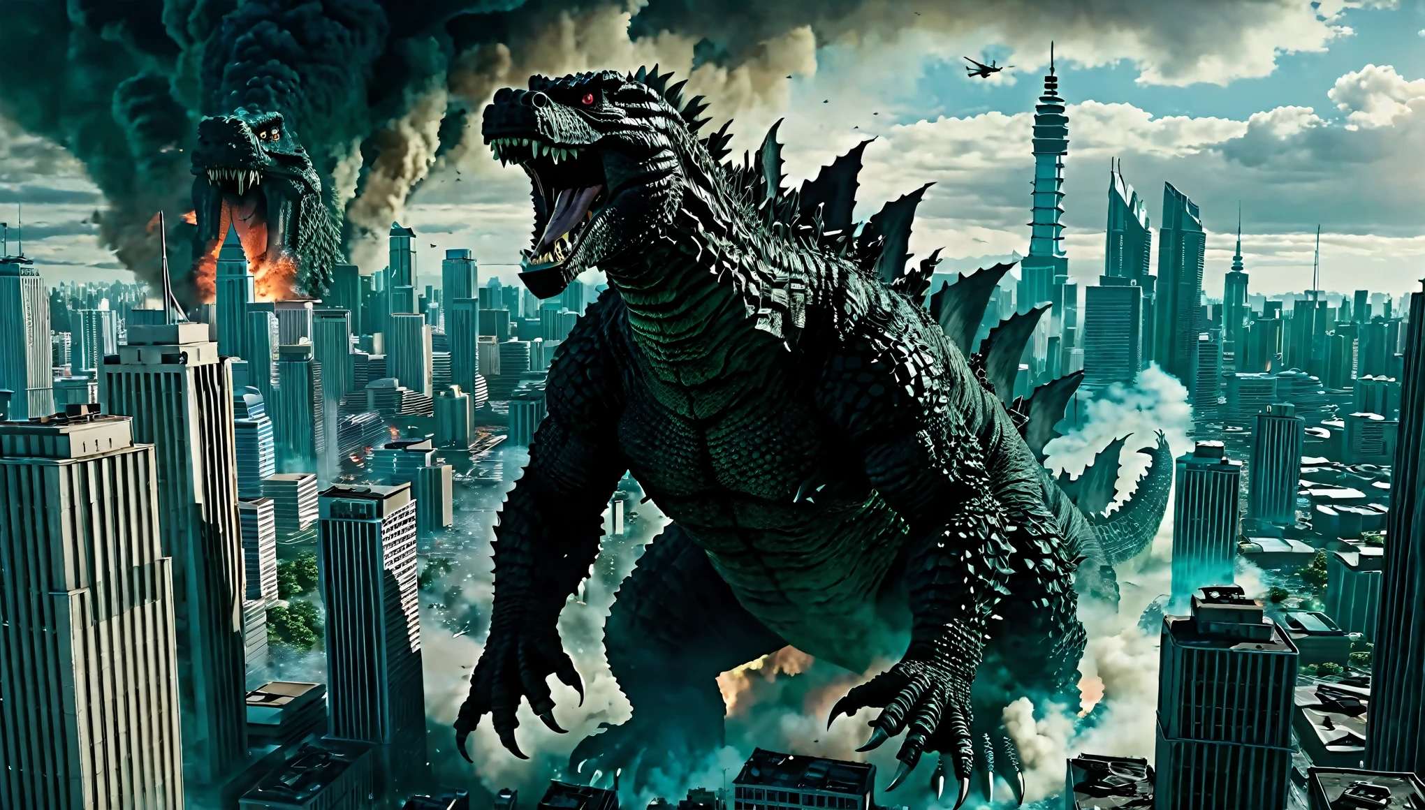 aerial view, wide angle:1.5(Godzilla ), destroying city, highly detailed cityscape background, horror, epic, cataclysmic, gargantuan, absurdres, best quality, realistic style