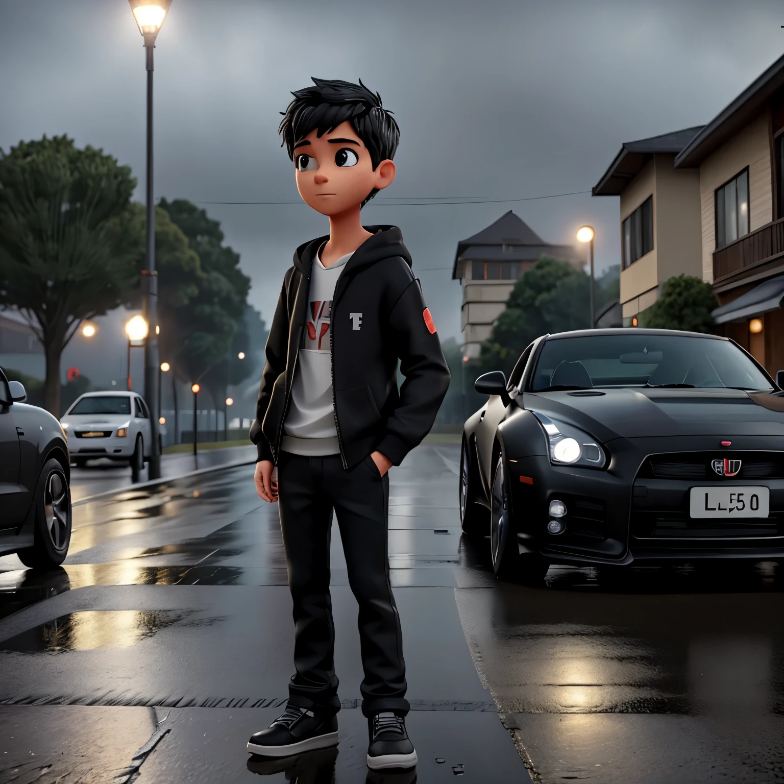 Describe the scene of the young man with the hood., in a black sweatshirt and jeans, standing on the sidewalk on a rainy night. He looks at the shiny GTR R35 driving along the road.., Your admiration is visible in your eyes. Headlights reflect on the puddles of water around you., as the rain falls softly on him. The sound of a powerful engine echoes in the air., mixing with the sound of rain. The boy remains motionless, fascinated by the elegance and speed of the car, I dream about that day, When will you be able to drive such an impressive car?.