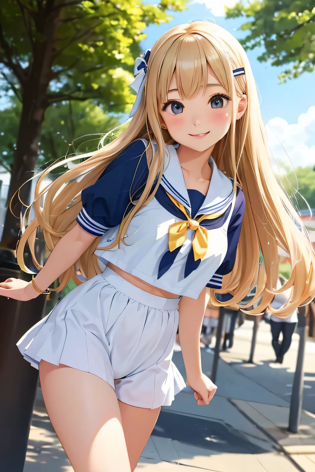 highest quality、High resolution、detailed background、(Highly detailed beautiful face:1.4)、Cute teenage girl、Cute colored sailor uniform costume、Theme park、school trip、(Three beautiful girls show us their panties with innocent smiles:1.5)、perfect cuteness、(innocent smile)、Low angle zoom in on panties、panty shot、cameltoe、angelic smile