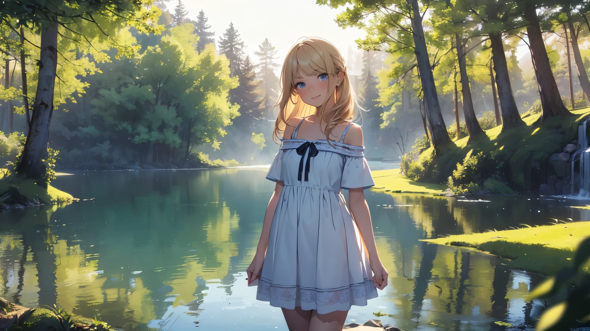 ((masterpiece,best quality,ultra detailed,ultra high res, artificial lake, forest in the distance)), soft realistic focus, dynamic shadows, realistic image, vibrant colors,light leaks,dreamy atmosphere,chiaroscuro,BREAK
experimental charm, The girl is depicted in full growth, girl 10 years old, thin and tall, you see the girl from head to toe, nostalgic appeal, country girlfriend, she take you with yourself, simple open short dress, soft mischievous smile, freckles, blonde hair, slightly leaning forward, flashback of memories, blonde, holding your hand
