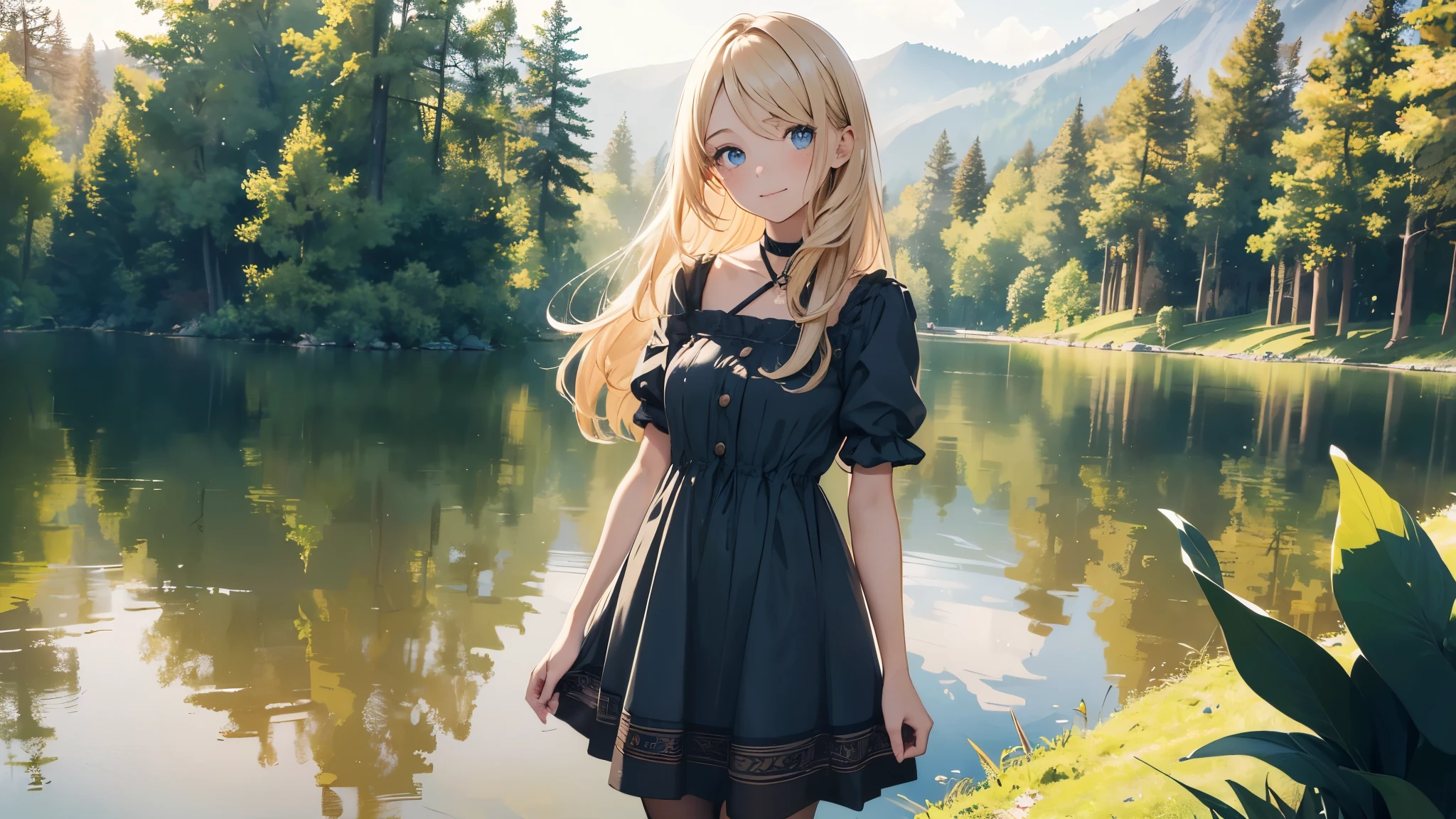 ((masterpiece,best quality,ultra detailed,ultra high res, artificial lake, forest in the distance)), soft realistic focus, dynamic shadows, realistic image, vibrant colors,light leaks,dreamy atmosphere,chiaroscuro,BREAK 
experimental charm, The girl is depicted in full growth, girl 10 years old, thin and tall, you see the girl from head to toe, nostalgic appeal, country girlfriend, she take you with yourself, simple open short dress, soft mischievous smile, freckles, blonde hair, slightly leaning forward, flashback of memories, blonde, holding your hand

