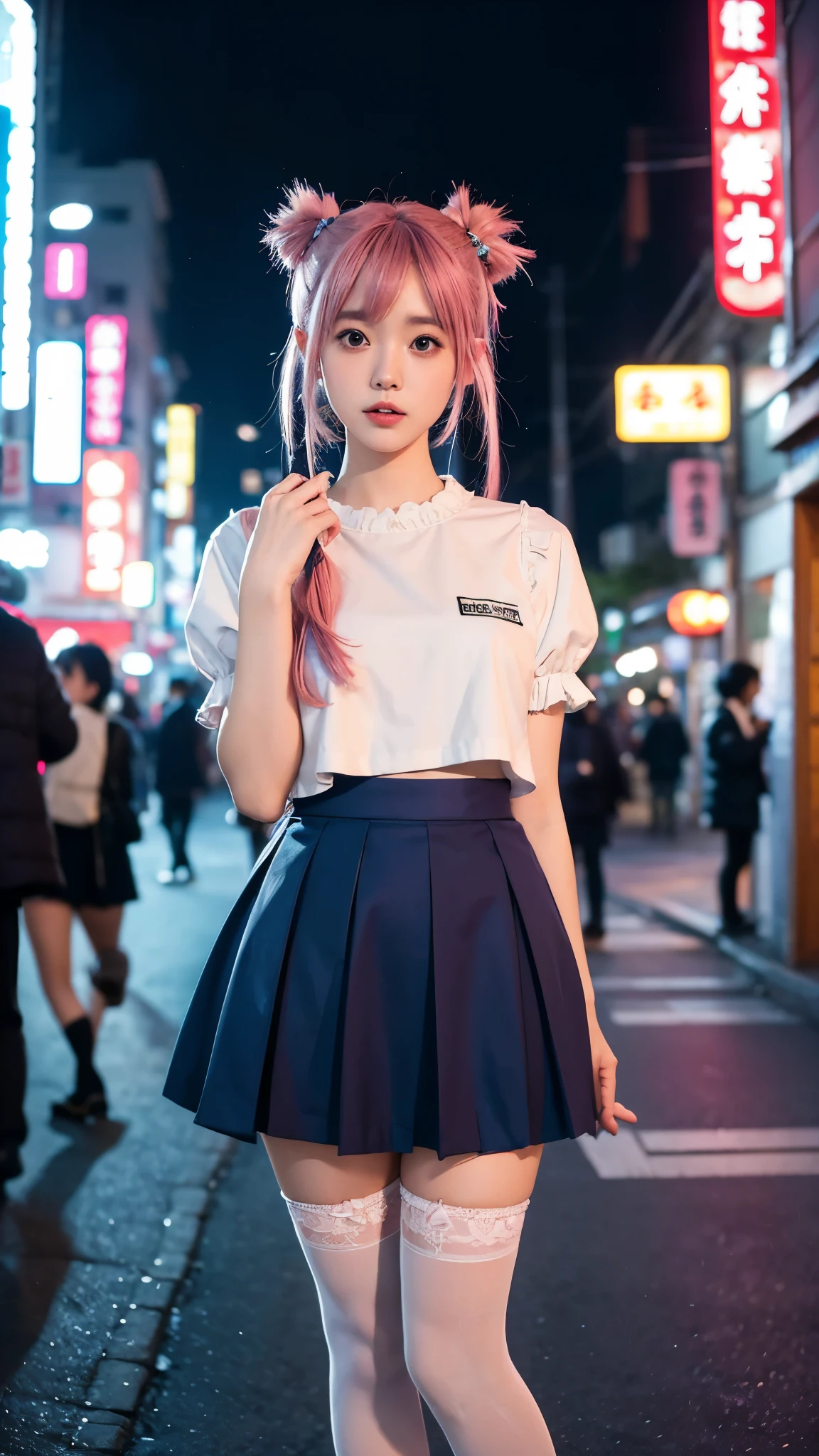 KokoaAisu, 1girl, blue skirt, blurry, blurry background, blurry foreground, day, depth of field, photo background, thighhighs, town, tree, zettai ryouiki, short twintails, pink hair, tokyo \(city\), japan, shop, night, night sky,
masterpiece, best quality, digital art, intricate detail,