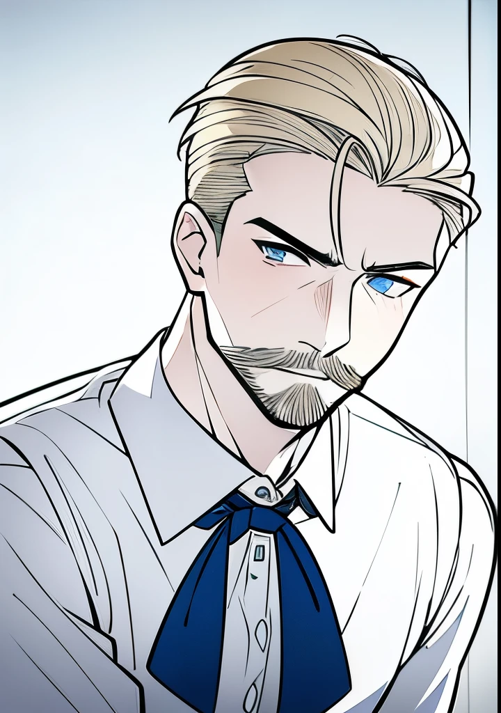 Young Adult male, white and tender skin, pale blonde slicked back combed short hair, kaiser mustache, ducktail beard, steel blue eyes, green and slightly mature, serious and emotionless facial expression, wearing white bottom long sleeve shirt with collar, portrait style, facing forwards