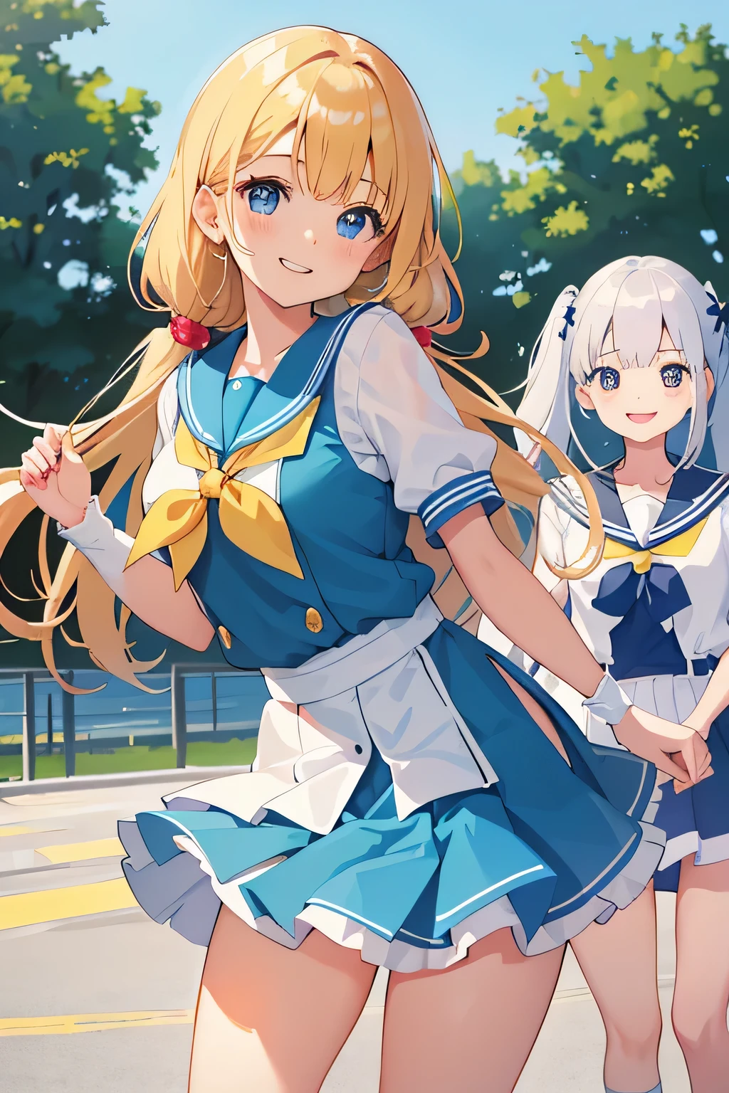 highest quality、High resolution、detailed background、(Highly detailed beautiful face:1.4)、e teerl、(three beautiful girls:1.2)、Sailor suit-style costume made of see-through material in cute colors、attractive thighs、Theme park、school trip、(three beautiful girlsがこちらにinnocent smileでスカートをめくる:1.5)、perfect cuteness、(innocent smile)、Thighs from below、Low angle zoom in on the thighs、Super close-up shot of thighs from below、angelic smile