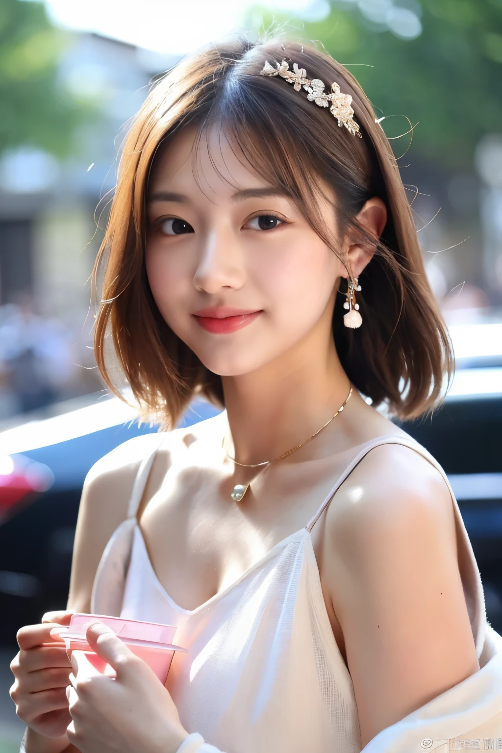 (8K,Raw photo、Raw photo、highest quality、master masterpiece:1.2)、Super detailed、super resolution、(Photoreal:1.3)、Angle seen from the front、Clearly depicts the shadows of light、High resolution raw color photos、professional photos、Same skin type as humans、Japan female proofreading from the top of the head to the waist、blur the background、I draw it faithfully to the anatomy..、Cafe、very detailed and beautiful、super high quality、length、medium hair、Highly detailed beautiful girl、(pink eyeshadow)、smile、Private Server、Cafeの前に立つ、、one piece、necklace、Light brown hair color、round face、