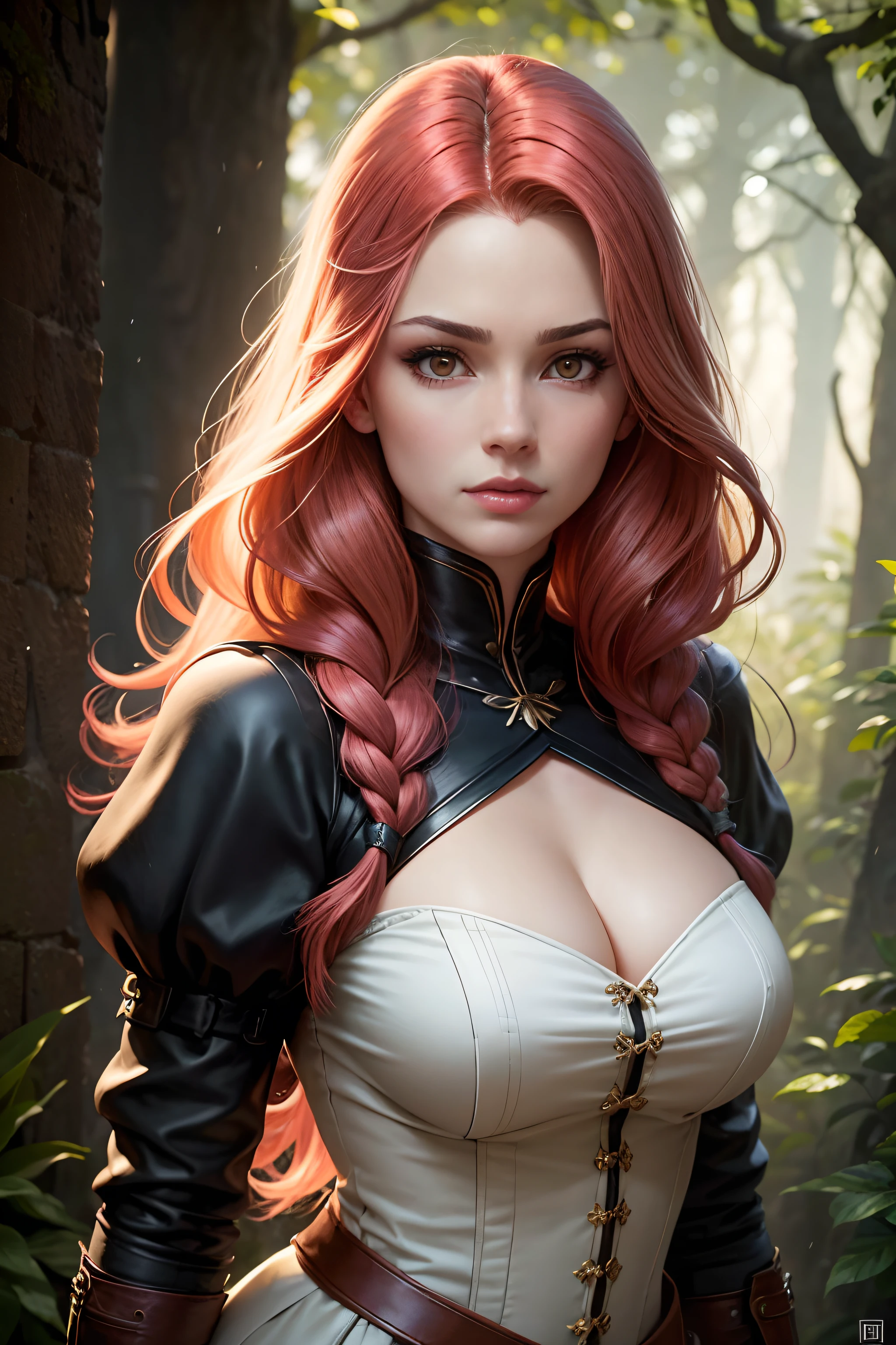 pintura de uma mulher com cabelo vermelho em roupas de plebeia, Estilo de arte de John Collier, mulher com cabelo de cobre muito eneolado, uma jovem ruiva, Retrato de uma jovem arqueira, No Bowater Art Style, Directed by: Roberto Lenkiewicz, Geraldo Brom, Alberto Lynch, portrait of Yennefer de Vanderberg de cabelos ruivos crespos, Dave Sim, de cabelos vermelhos em uma floresta, corpete preto, Wearing a black mask only covering the mouth, roupa preta de arqueira, obra-prima, mais alta qualidade, (sozinho), (rosto perfeito: 1.3), (alto detalhe: 1.2), Dramatic, 1girl, (pale skinned), longos cabelos ruivos, cabelos vermelhos enrolado, (middlebreasts), sobrancelhas claras, cabelo longo enrolado, noite, roupa medieval, brincos, olhos amarelos, umbigo coberto, pouty lips, Curvilinear, (arms behind back: 1.4), Coberto, fundo detalhado da floresta, arte de artgerm e greg rutkowski, Glitter, cabelos vermelhos acobreados crespos, cabelos ruivos acobreados, cabelos vermelhos, mulher ruiva, cabelos vermelho crespos, Ruiva merida princesa, cabelo enrolado, braided hair