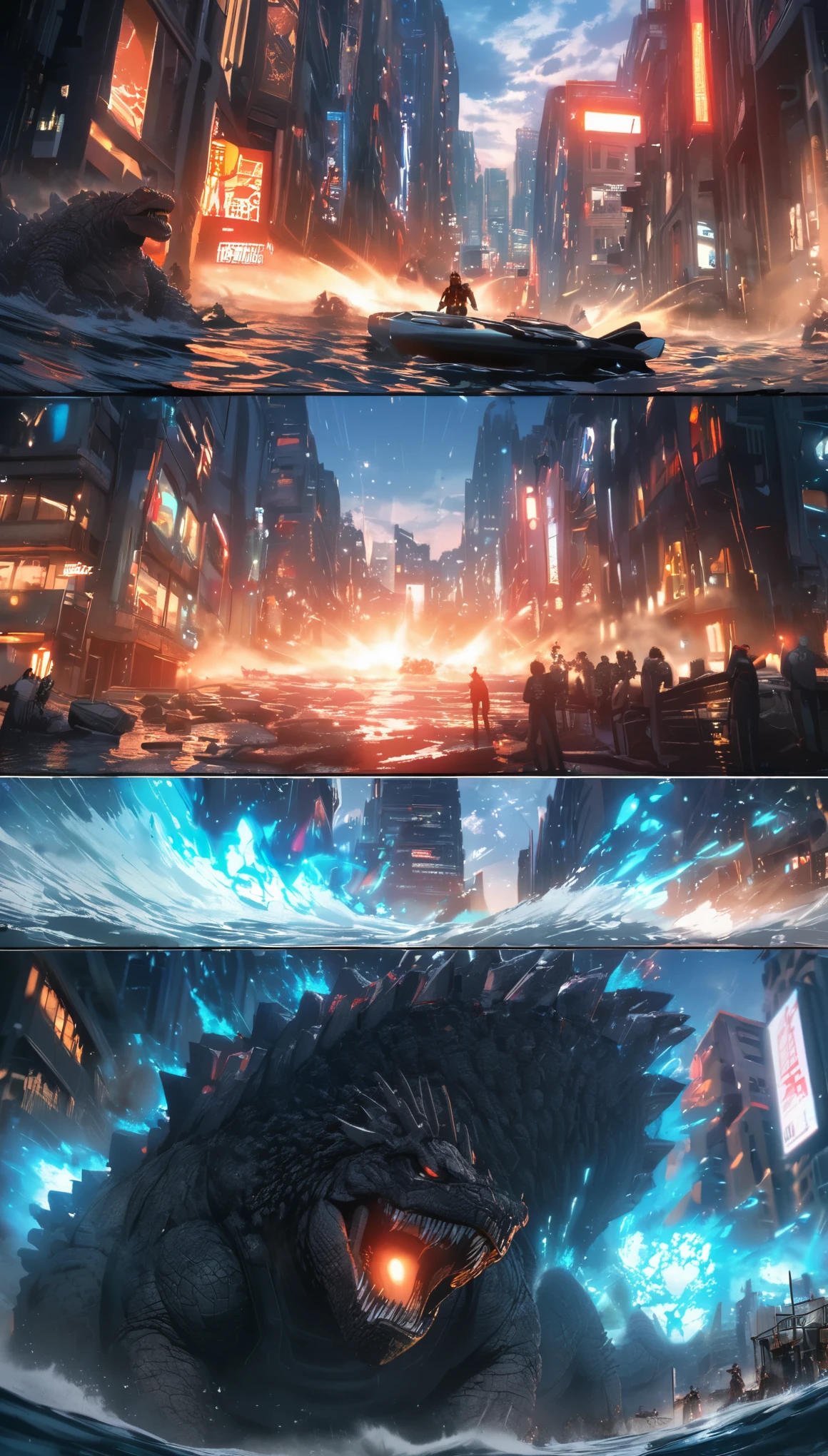Rich details,Angry super giant Godzilla in the city looking down at the city below,The dorsal fin is filled with blue energy,glow effect,Huge waves hit the city,explode,Red light soars into the sky,Broken and collapsed building,standing water,stone,exposed steel bars,electric spark,Aerial viewing angle,colorful,Rescue helicopters,depth of field,OC renderer,Movie lighting,Super fine,comics