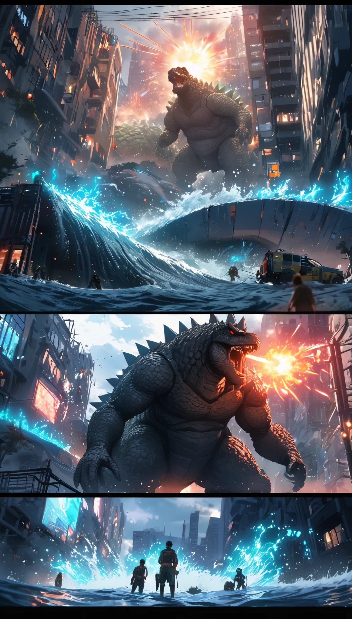 Rich details,Angry super giant Godzilla in the city looking down at the city below,The dorsal fin is filled with blue energy,glow effect,Huge waves hit the city,explode,Red light soars into the sky,Broken and collapsed building,standing water,stone,exposed steel bars,electric spark,Aerial viewing angle,colorful,Rescue helicopters,depth of field,OC renderer,Movie lighting,Super fine,comics