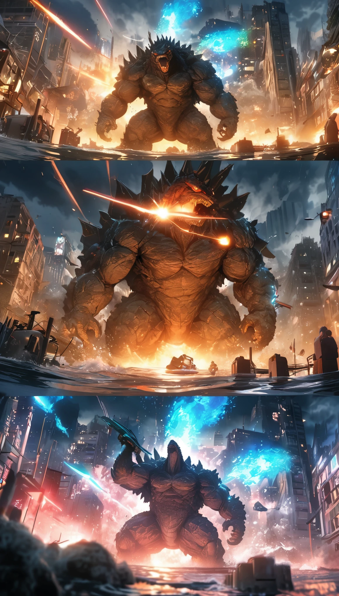 Rich details,Angry super giant Godzilla in the city looking down at the city below,The dorsal fin is filled with blue energy,glow effect,Huge waves hit the city,explode,Red light soars into the sky,Broken and collapsed building,standing water,stone,exposed steel bars,electric spark,Aerial viewing angle,colorful,Rescue helicopters,depth of field,OC renderer,Movie lighting,Super fine,comics