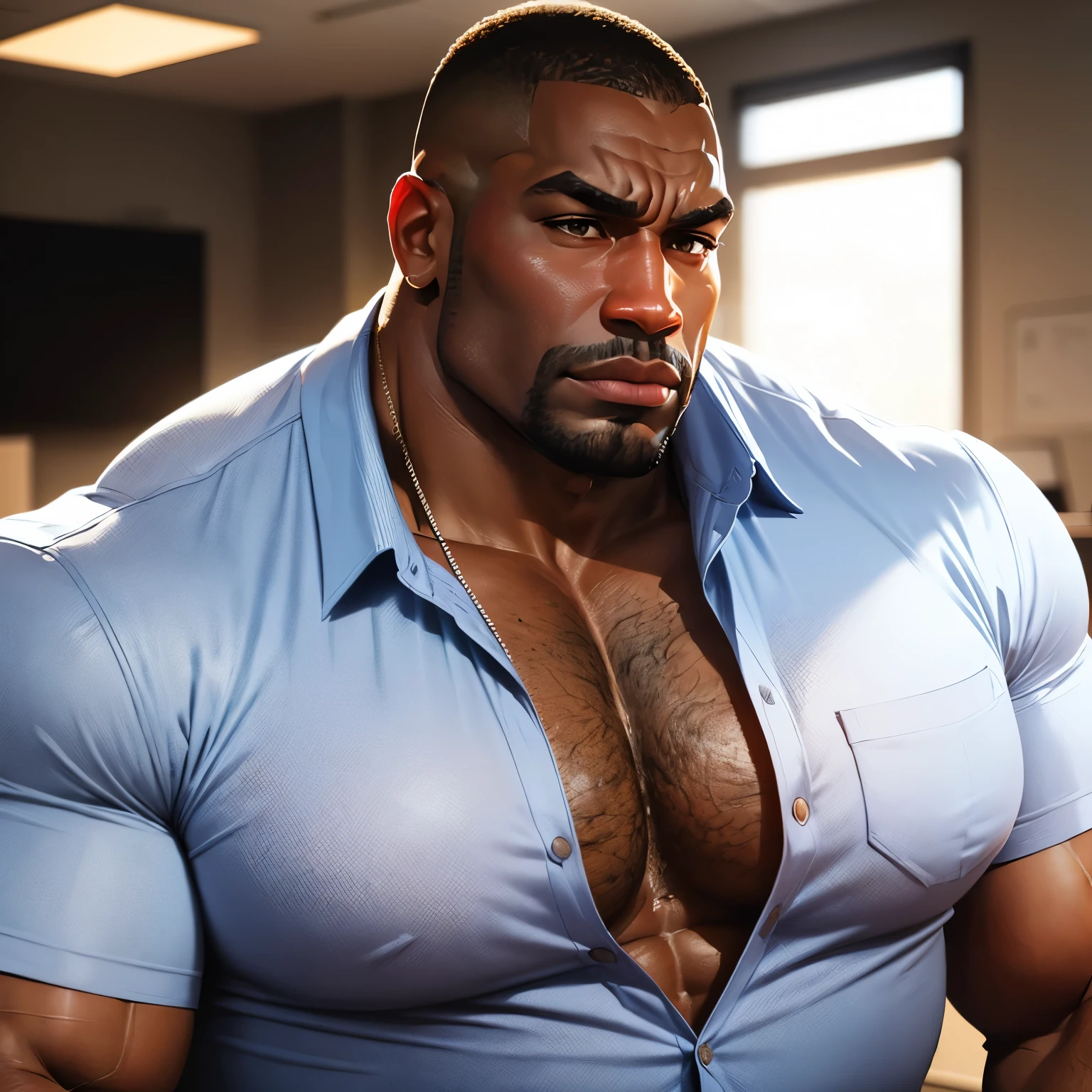 an exaggeratedly muscular and large bodyguard, beefy build, dark-skinned african american male, buzzcut hair with square line, (wearing casual business shirt: 1.2), (bara pecs: 1.3), (arm and chest hair: 1.1), close-up portrait HD, bright corporate office