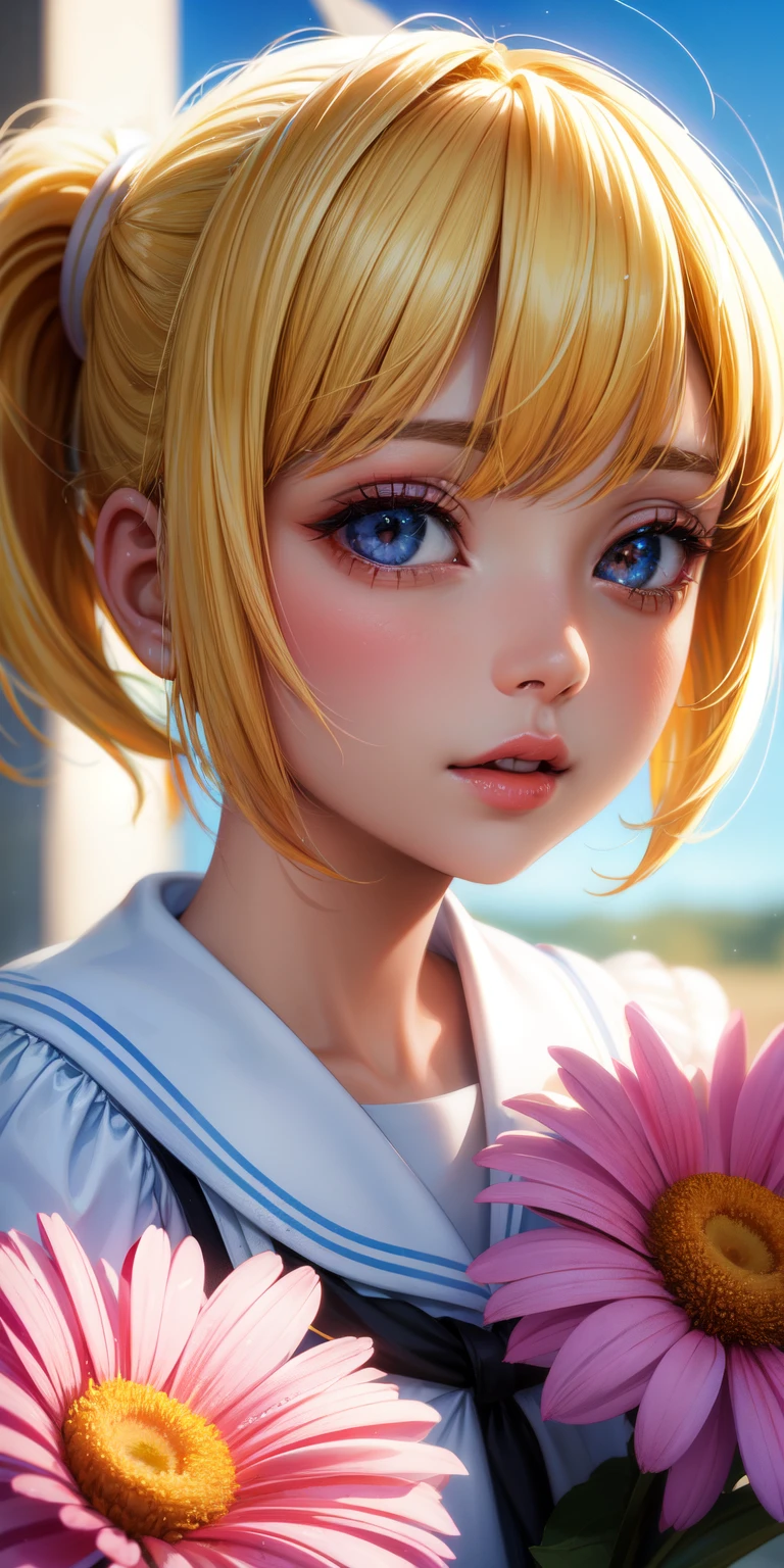 realista, 1 chica, pelo blanco, ojos morados, ojos brillantes, top corto, falda, Labios partidos, rubor, Noche, flores, sol, luz solar,