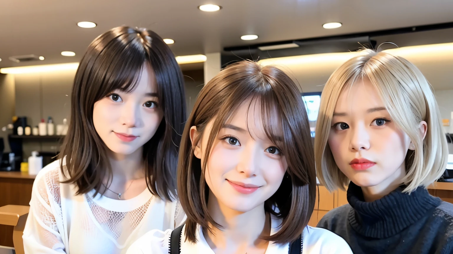 mix 4,(highest quality), (Photoreal),(New York cafe interior background:1.2), 1 female, Upper body, high detail face,, (The hair color is very bright on the inside.)、Fujifilm XT3、 (8K)、less bangs、(short hair:1.3)、(hair with the ends facing outward:1.6)、wet hair、smile、Delicate and realistic skin and hair、(cowboy shot:1.5)、Patterned lace clothes Cesium bob hair:1.1)、(Overlapping blonde hair color:1.5)、less hair、Adult-like appearance、looking here、(Shoulder-covering clothing:1.5)、Splash in the cafe、spring clothes、(smile:1.3)、(髪のThe hair color is very bright on the inside.:2)、different hair colors、(Hair color that mixes various colors:1.8)、Unicorn Color、Rainbow Corner Color、Hair that has been bleached many times、(hair color close to white:1.5)、1 person、dramatic、flowing side hair、Layered Hair Color、model pose、Partially black hair、beautiful body line