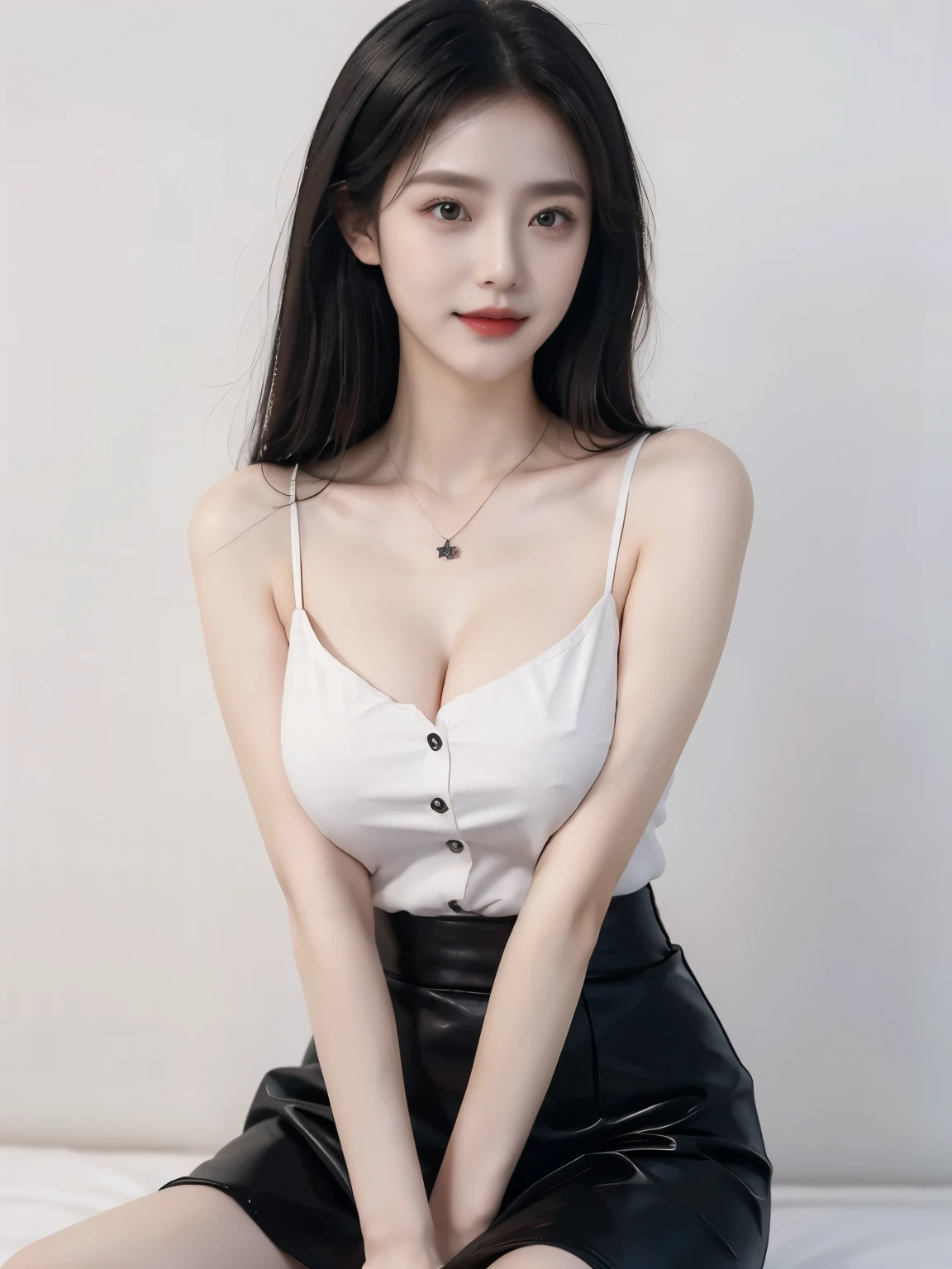 lifelike,High resolution：1.3）， A slim girl， The face shape and eyes are super delicate,black hair,red glossy lips, (best quality), (super detailed), (Extremely detailed CG unified 8K wallpaper),(White background),(A little cleavage),sexy look,big eyes,(permanent),Eyes look at the audience,Teardrop-shaped breasts,Soft breasts,very realistic breasts,Character centered,Wear a pendant, white button shirt,black skirt,