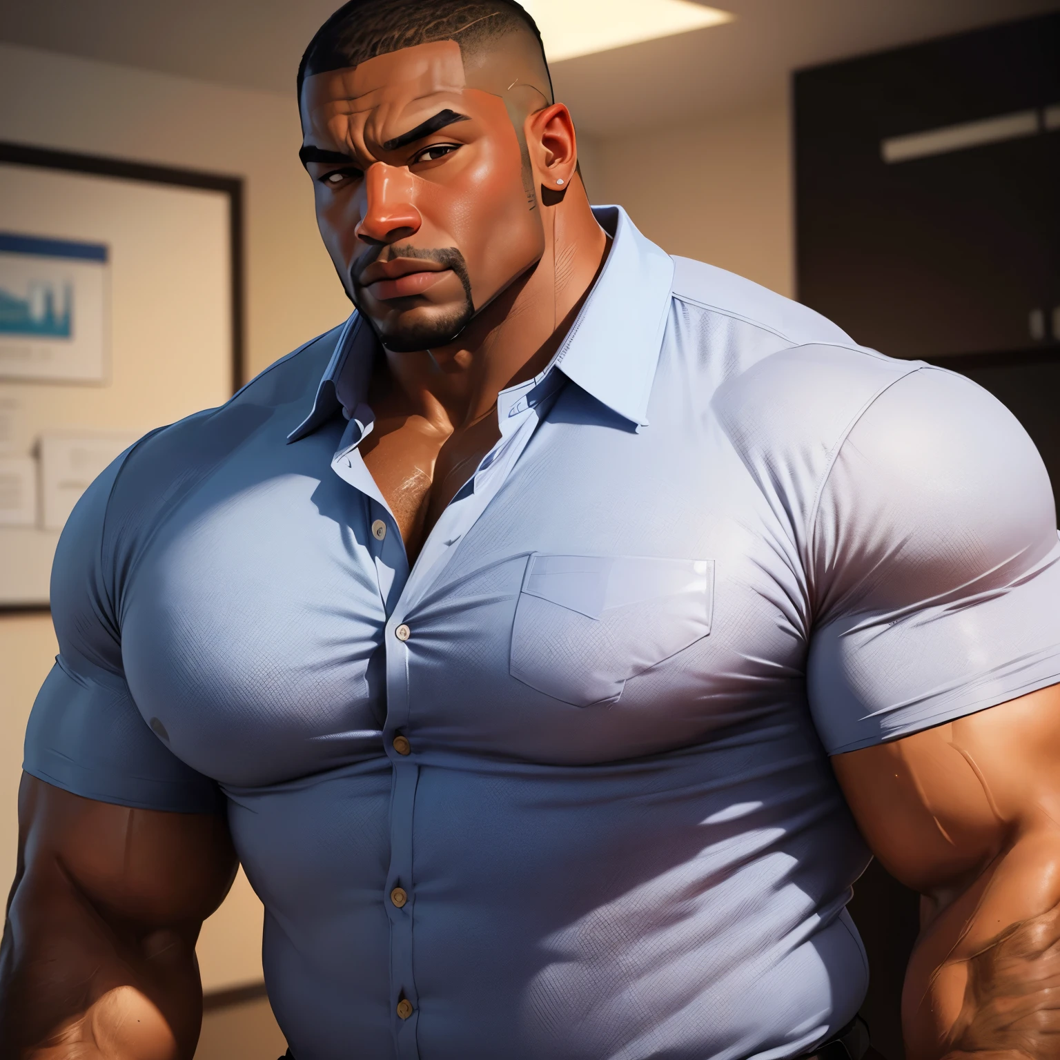 an exaggeratedly muscular and large bodyguard, beefy build, dark-skinned african american male, buzzcut hair with square line, (wearing casual business shirt: 1.2), (bara pecs: 1.3), (arm and chest hair: 1.1), close-up portrait HD, bright corporate office