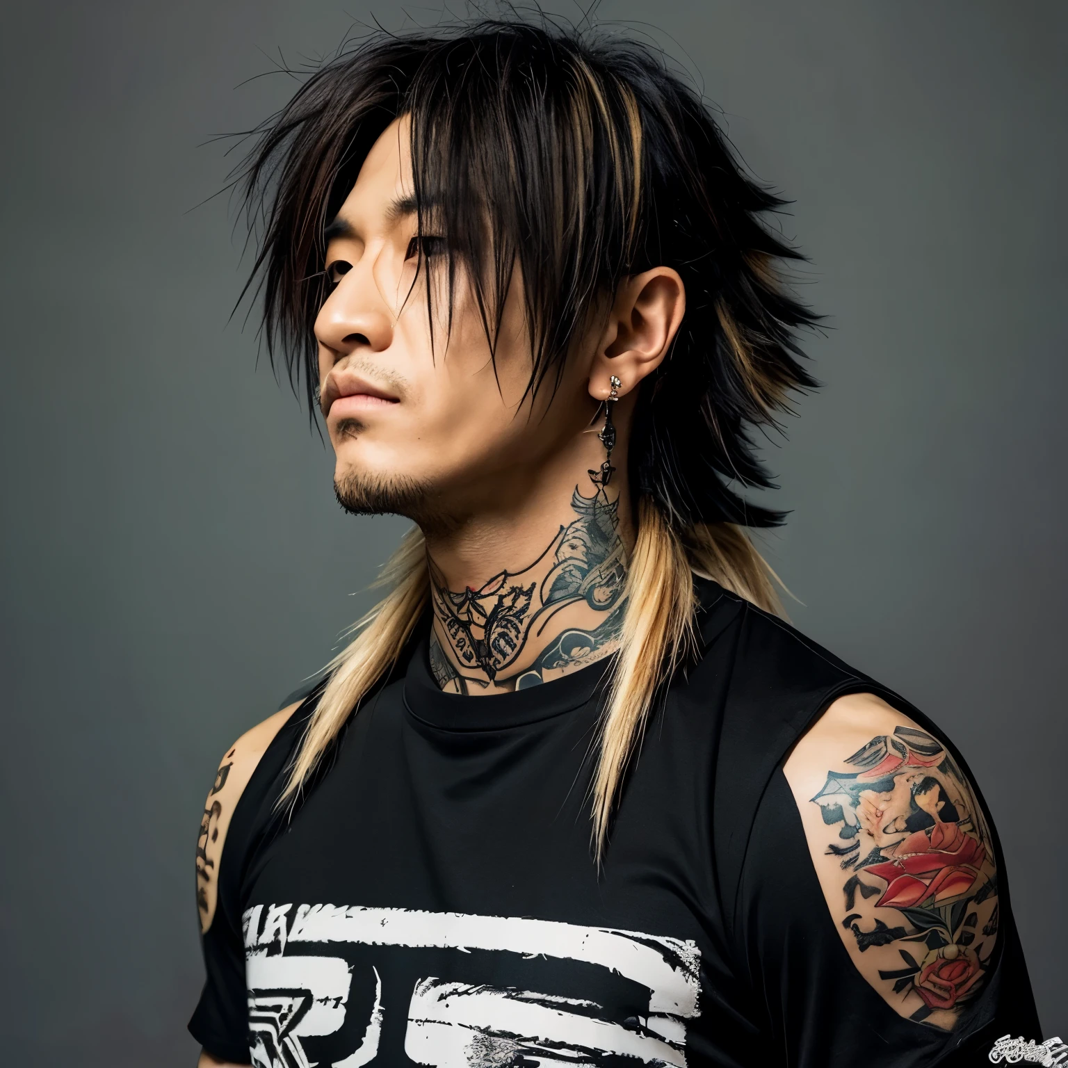 1 man, Japanese man, male, Asian eyes, muscular, broad shoulders, yakuza tattoos, hairstyle Visual Kei style, hair Visual Kei, black men's shirt and black pants, ultra detailed face, hyperrealistic, realistic representation, long hair, long hair, 30 years old, age 30 years, blond, blonde hair