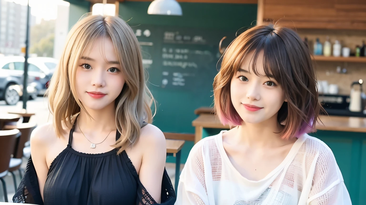mix 4,(highest quality), (Photoreal),(Background of a stylish cafe interior:1.2), 1 female, Upper body, high detail face,, (The hair color is very bright on the inside.)、Fujifilm XT3、 (8K)、less bangs、(short hair:1.3)、(hair with the ends facing outward:1.6)、wet hair、smile、Delicate and realistic skin and hair、(cowboy shot:1.5)、Patterned lace clothes Cesium bob hair:1.1)、(Overlapping blonde hair color:1.5)、less hair、Adult-like appearance、looking here、(Shoulder-covering clothing:1.5)、Splash in the cafe、spring clothes、(smile:1.3)、(髪のThe hair color is very bright on the inside.:2)、different hair colors、(Hair color that mixes various colors:1.8)、Unicorn Color、Rainbow Corner Color、Hair that has been bleached many times、(hair color close to white:1.5)、1 person、dramatic、flowing side hair、Layered Hair Color、model pose、Partially black hair、beautiful body line