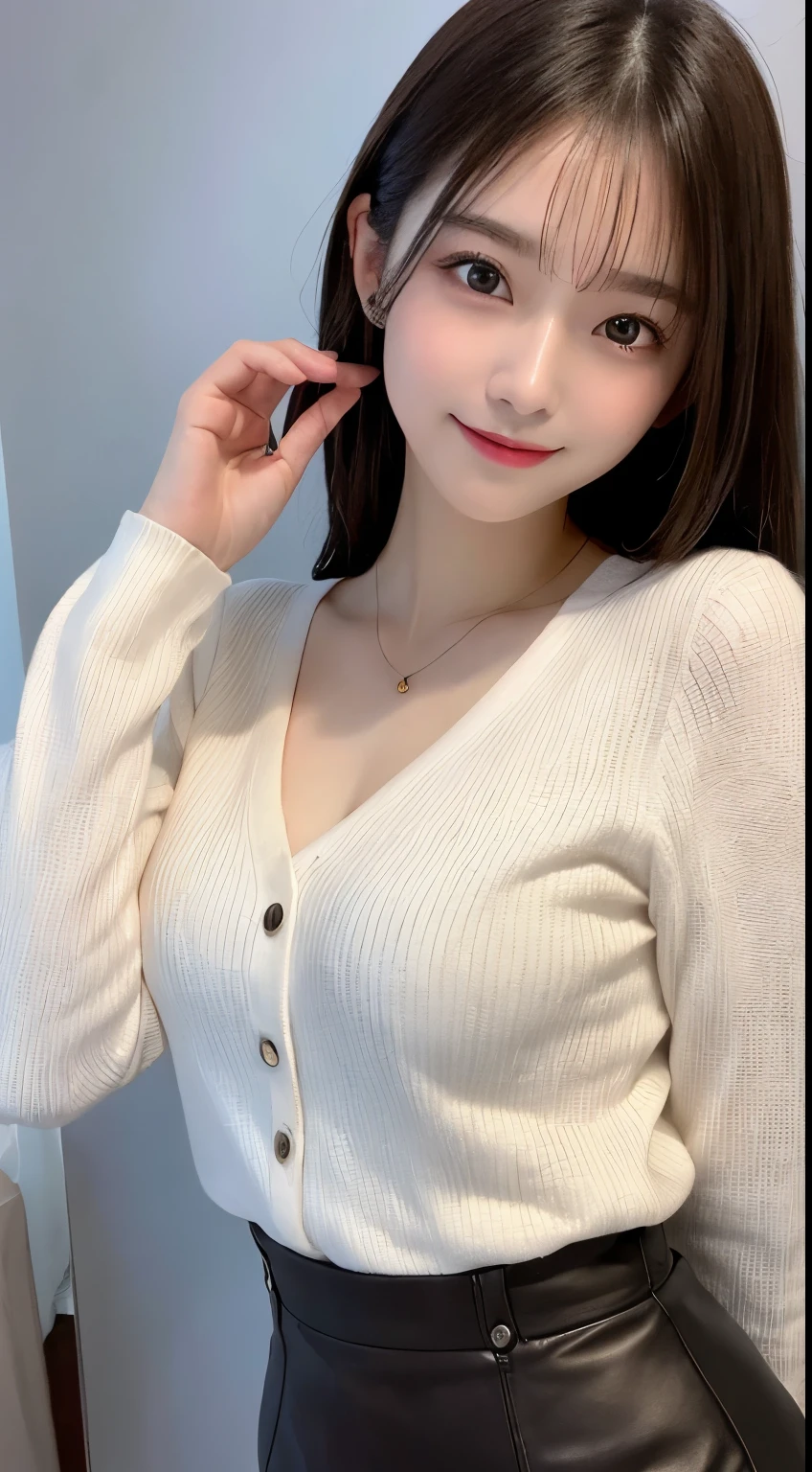 table top, highest quality, shape, Super detailed, finely, High resolution, 8k wallpaper, 完璧なダイナミックな構shape, beautiful and detailed eyes, straight hair, small breasts, natural color lip, random sexy pose,smile,20 year old girl、midnight、Beautiful and dense face、perfect and beautiful face,Big eyes、Raw photo、Expressing feminine poses with your whole body、beautiful and detailed eyes、small face、beautiful duplex、slim face and style,beautiful golden ratio face、Jacket、set up、Tight Skirt、long sleeve blouse,Top company president secretary fashion