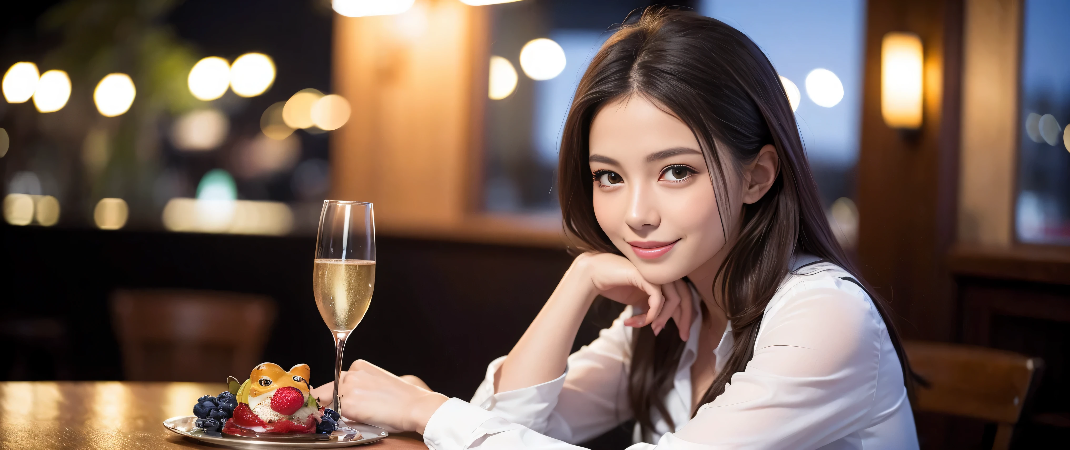 K, Hmm, highest quality, masterpiece: 1.2), (realistic, photorealistic: 1.37), Super detailed, 3 slim beauties, (slim face),Happy、 the best smile、Fox face、Berry Short、(because I&#39;thin), (brown hair), (shortcut), long sleeve shirt、winter fashion、Colombian、Brazilian、Japanese、Dutch、German、Portuguese、Belgian、Italian、French,Champagne、sparKling wine、 (gush out), (slim body), (brown hair), (shortcut), neat beauty、cheeKs turn a little red, (35 years old), 38 years old, alone, A beautiful and detailed night view spreads out outside the window...., restaurant, wine glass is sitting, At night, in a prominent place (from the Upper body) nova frog style, actress, model, Upper body, White wine, slim, wine glass, Very beautiful night view, wine glass Put in the Middle, Happy smile, (smile: 1.15), 