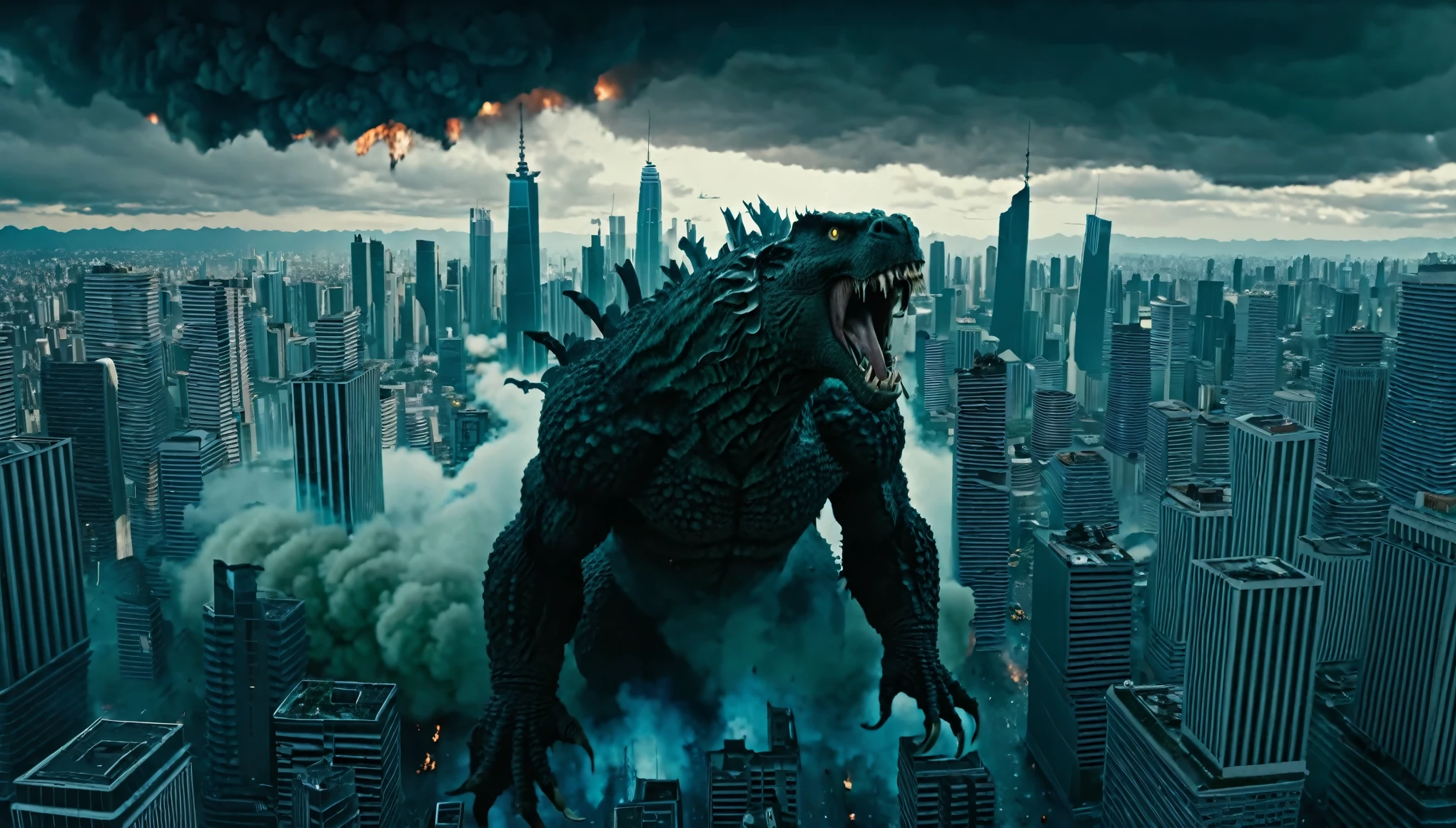 aerial view, wide angle:1.5(Godzilla ), destroying city, highly detailed cityscape background, horror, epic, cataclysmic, gargantuan, absurdres, best quality, realistic style