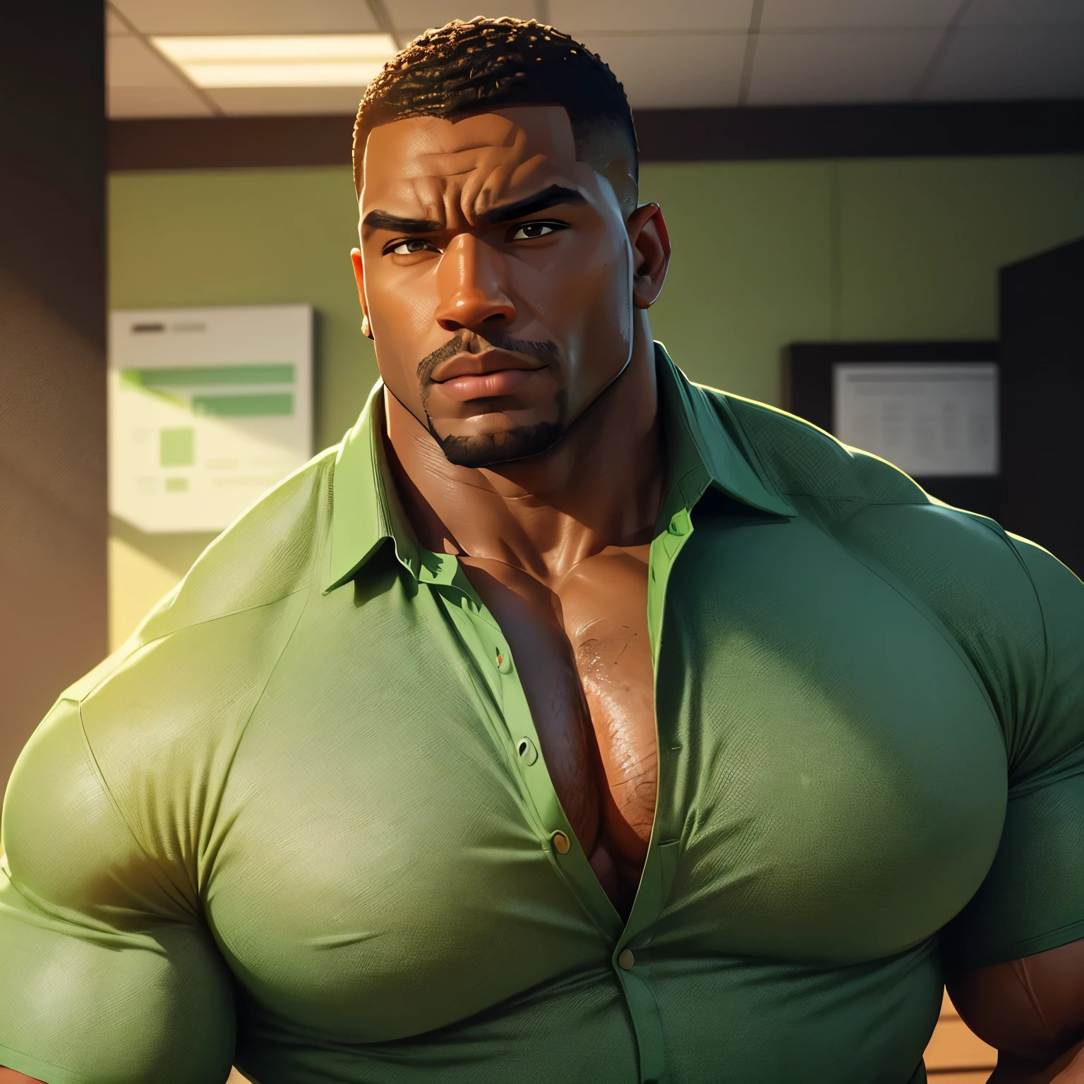 an exaggeratedly muscular and large bodyguard, beefy build, dark-skinned african american male, buzzcut hair with square line, (wearing green casual business shirt: 1.2), (bara pecs: 1.3), (arm and chest hair: 1.1), close-up portrait HD, bright corporate office