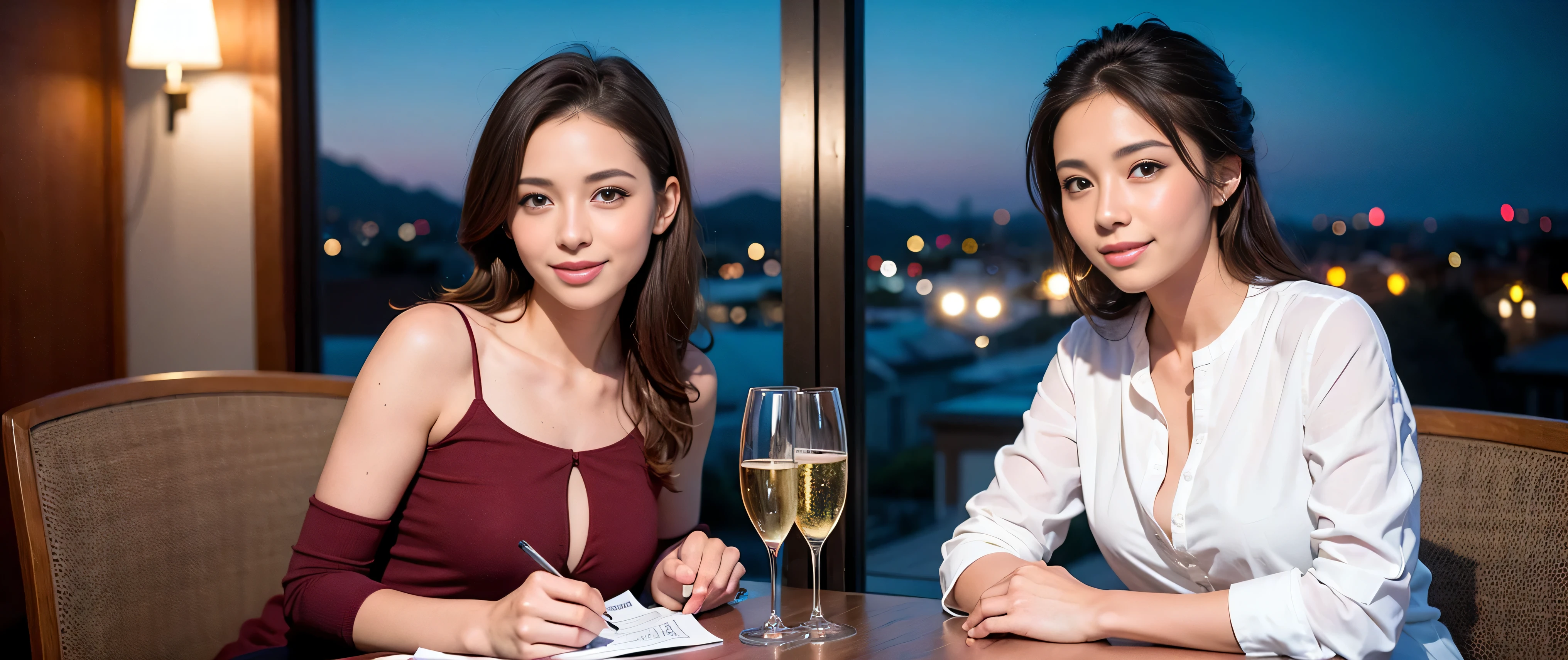 K, Hmm, highest quality, masterpiece: 1.2), (realistic, photorealistic: 1.37), Super detailed, 3 slim beauties, (slim face),Happy、 the best smile、Fox face、Berry Short、(because I&#39;thin), (brown hair), (shortcut), long sleeve shirt、winter fashion、Colombian、Brazilian、Japanese、Dutch、German、Portuguese、Belgian、Italian、French,Champagne、sparKling wine、 (gush out), (slim body), (brown hair), (shortcut), neat beauty、cheeKs turn a little red, (35 years old), 38 years old, alone, A beautiful and detailed night view spreads out outside the window...., restaurant, wine glass is sitting, At night, in a prominent place (from the Upper body) nova frog style, actress, model, Upper body, White wine, slim, wine glass, Very beautiful night view, wine glass Put in the Middle, Happy smile, (smile: 1.15), 