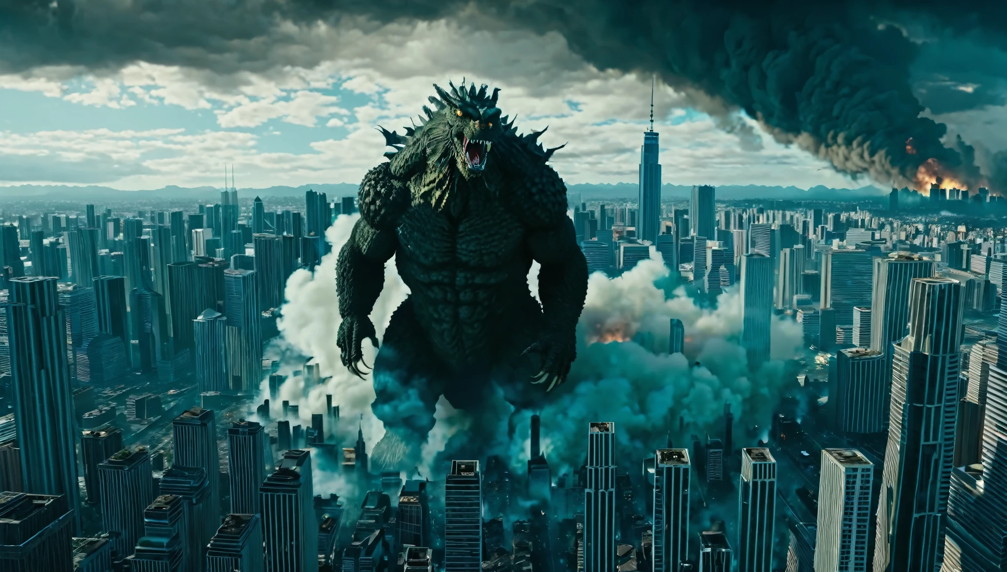 aerial view, wide angle:1.5(Godzilla ), destroying city, highly detailed cityscape background, horror, epic, cataclysmic, gargantuan, absurdres, best quality, realistic style