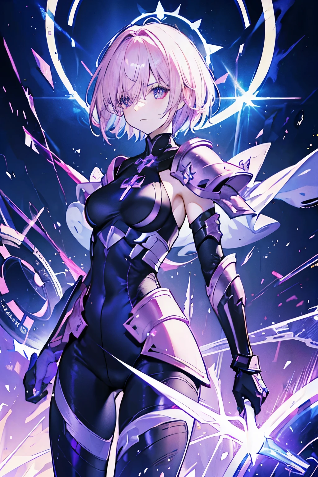 Mash Kyrielight fate grand order, blakc power suit and sleeve, gauntlet, bare shoulder, bare legs, holding cross design giant shield, perfect body shape, soldier aura, serious effect, pink short hair, dark purple pupil, masterpieces, fantasy world, hyper resolution, 16k wallpaper quality, ultra lighting
